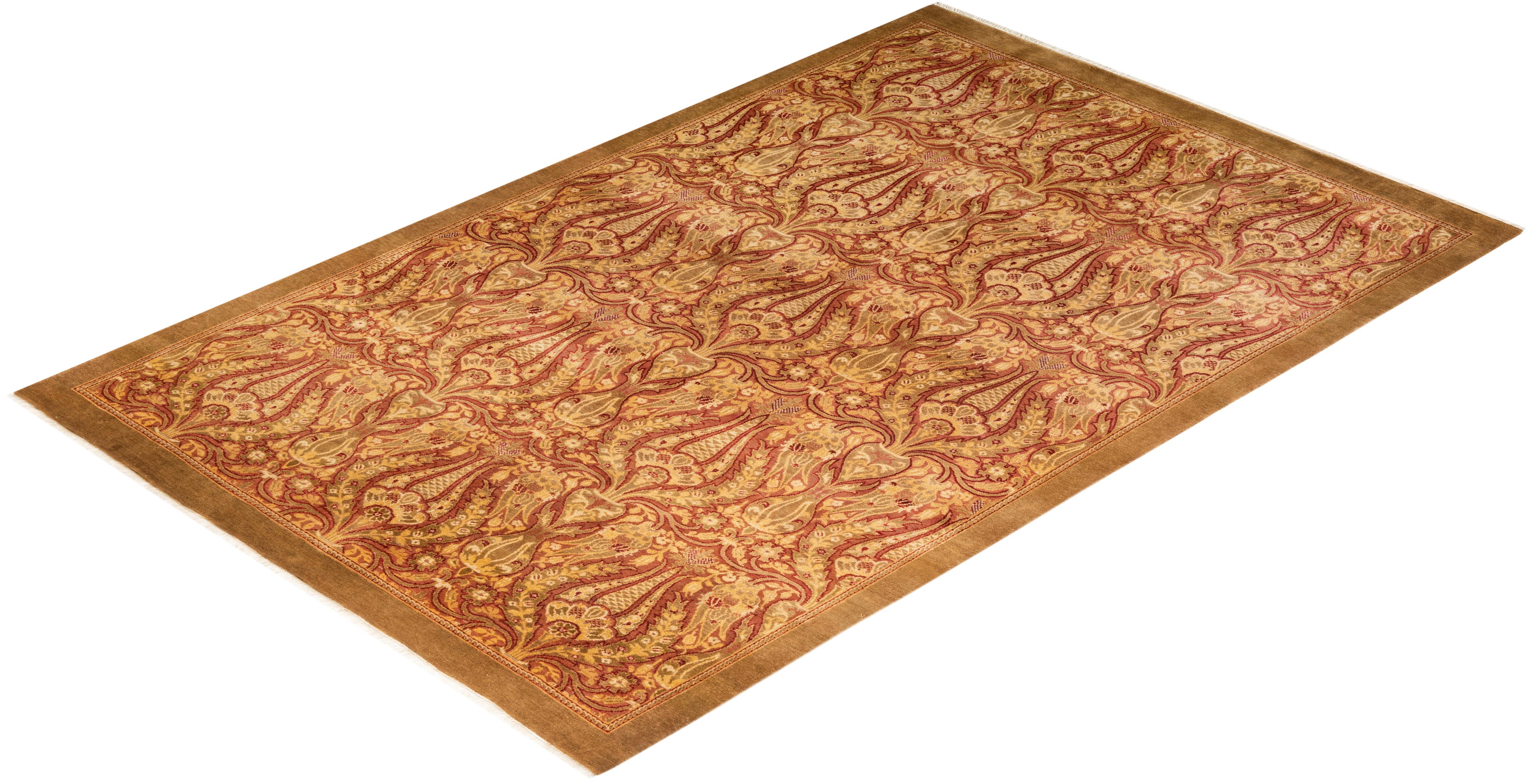 One-of-a-kind Hand Knotted Abstract Mogul Yellow Area Rug For Sale 2