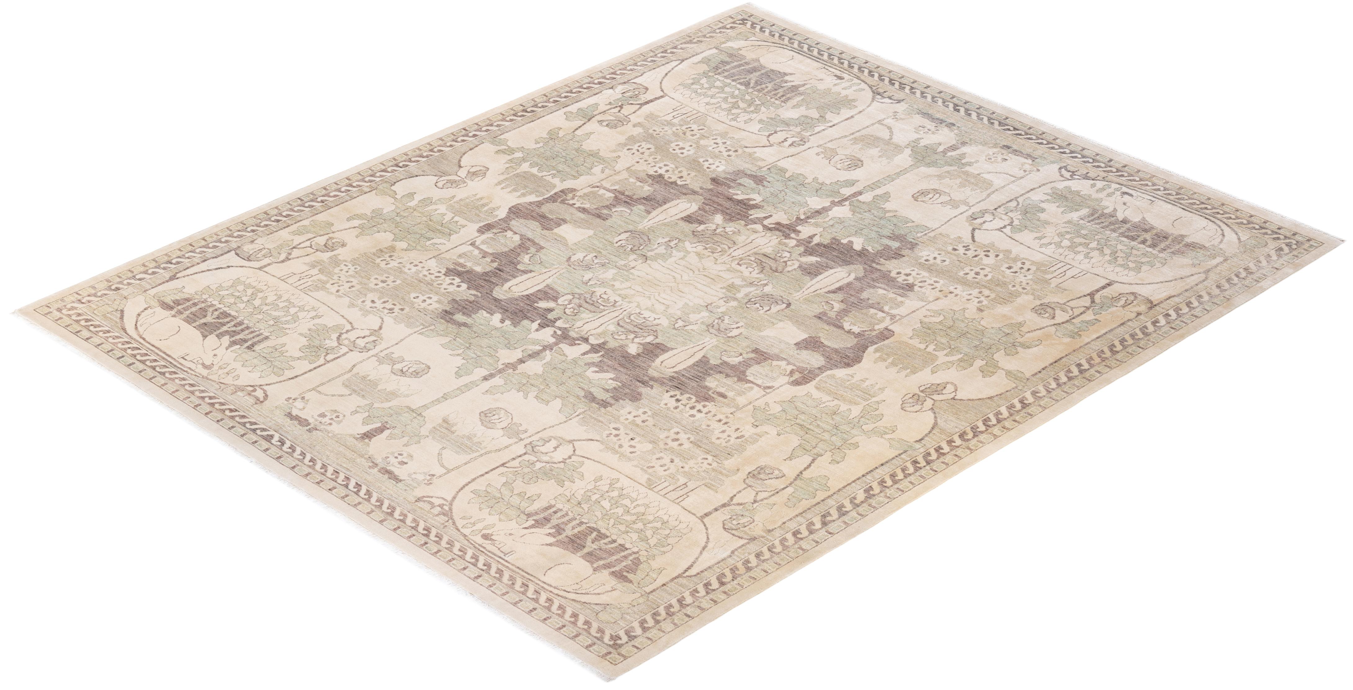 One-of-a-kind Hand Knotted Animal Print Eclectic Ivory Area Rug For Sale 2