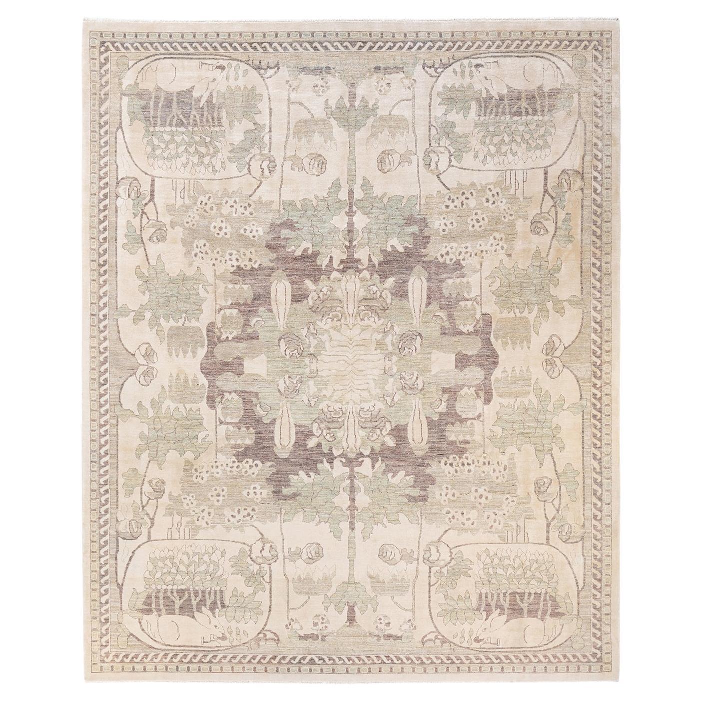 One-of-a-kind Hand Knotted Animal Print Eclectic Ivory Area Rug For Sale