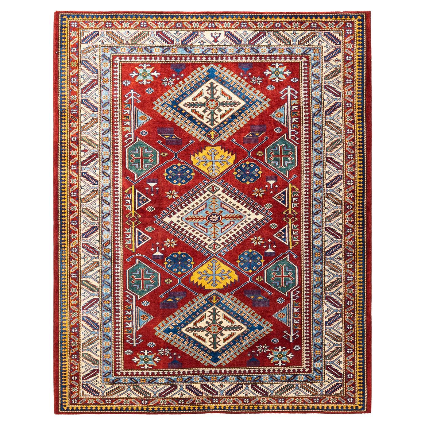 One-of-a-kind Hand Knotted Bohemian Ikat Tribal Red Area Rug