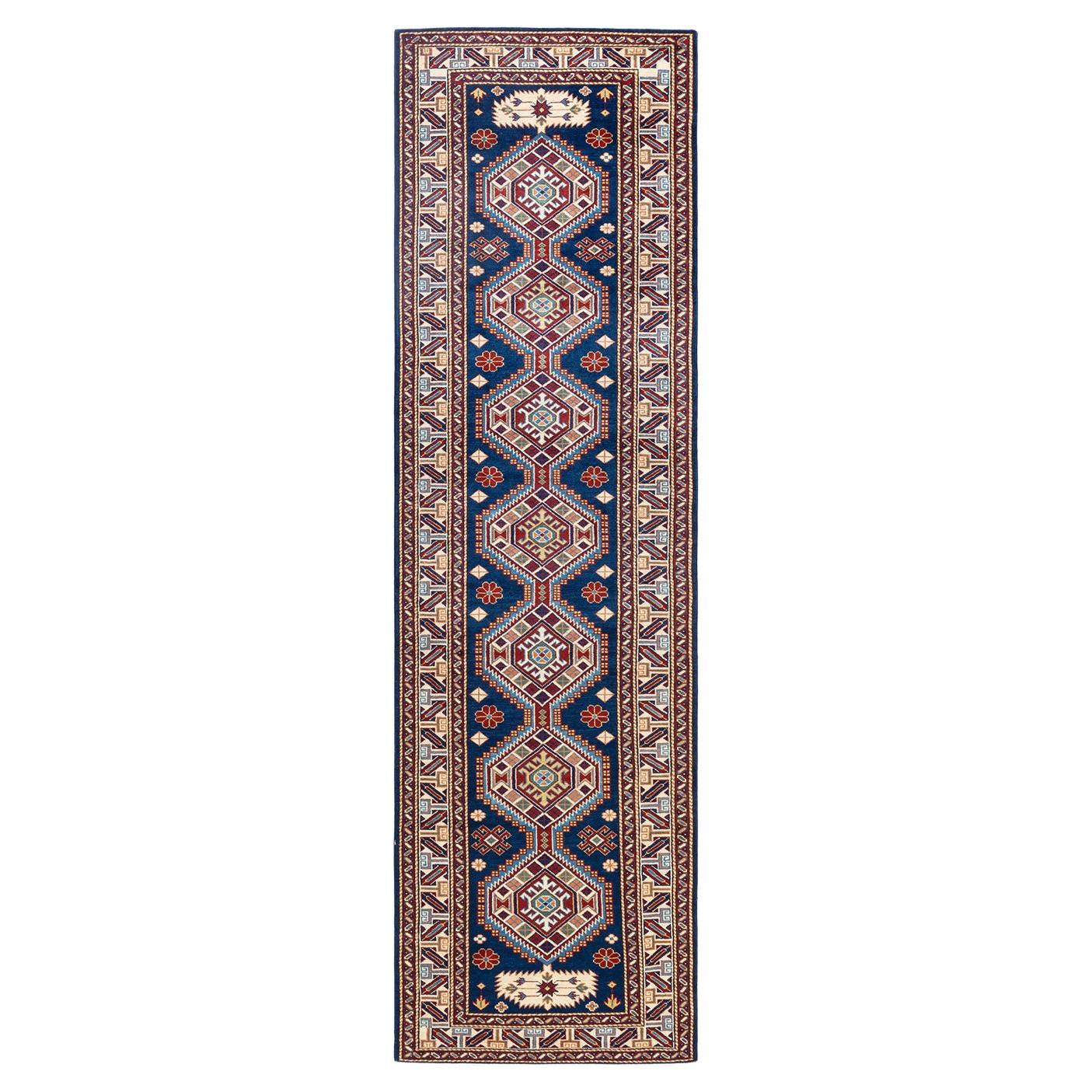 One-of-a-kind Hand Knotted Bohemian Oriental Tribal Blue Area Rug For Sale