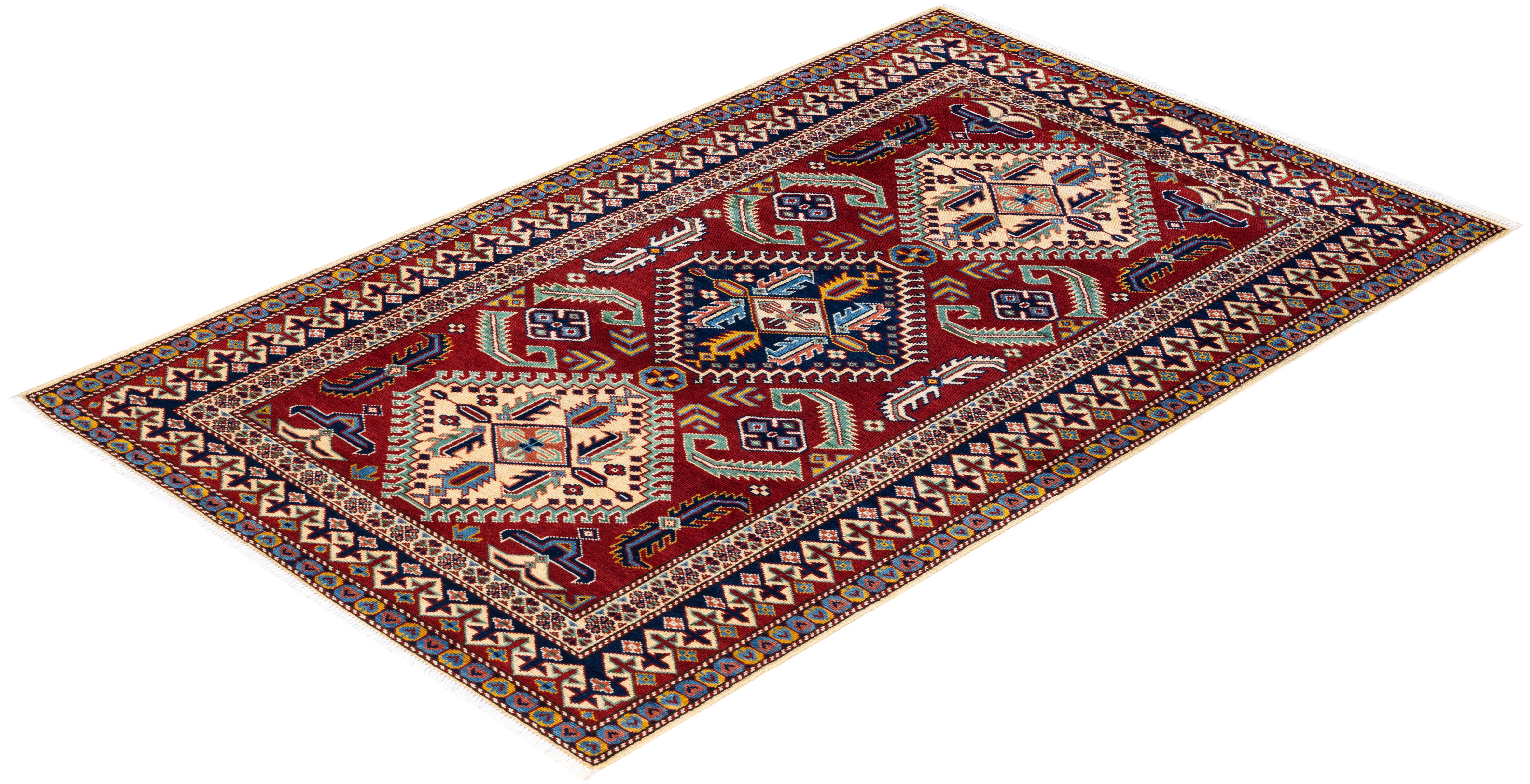 One-of-a-kind Hand Knotted Bohemian Oriental Tribal Ivory Area Rug For Sale 2