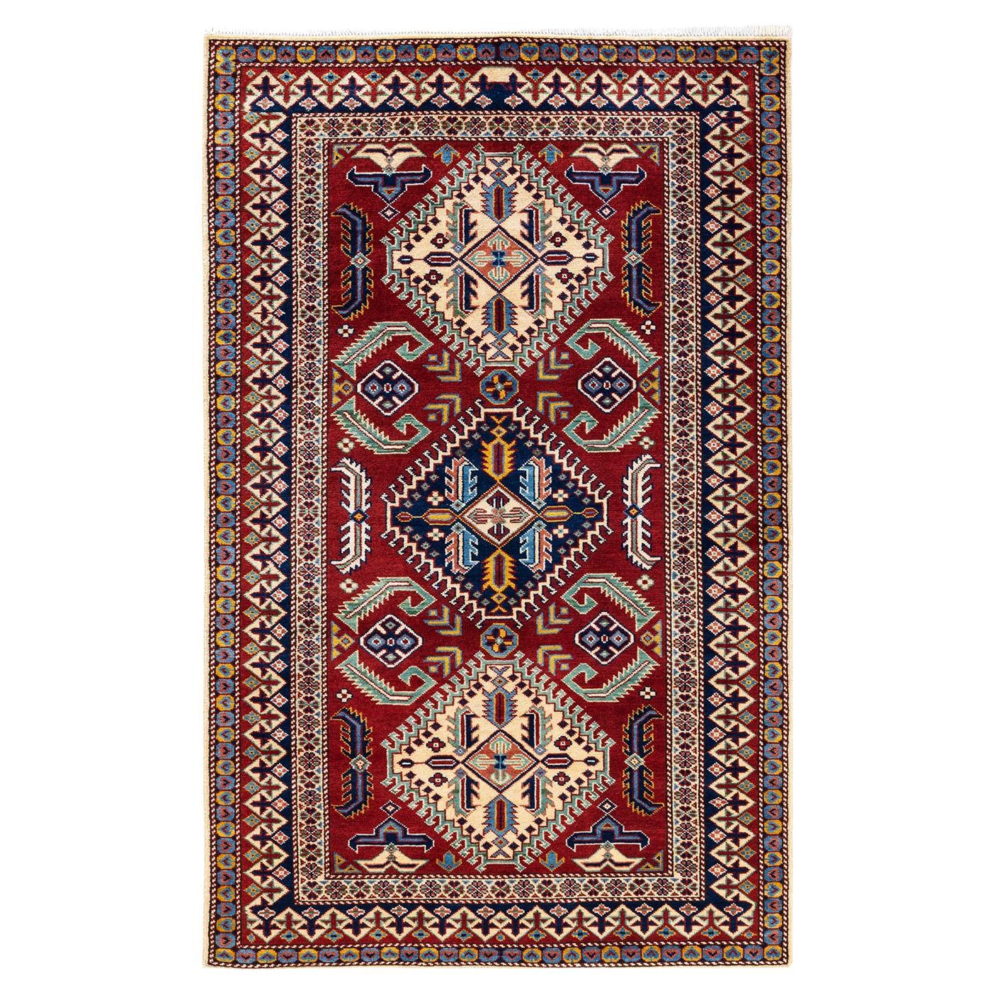 One-of-a-kind Hand Knotted Bohemian Oriental Tribal Ivory Area Rug For Sale