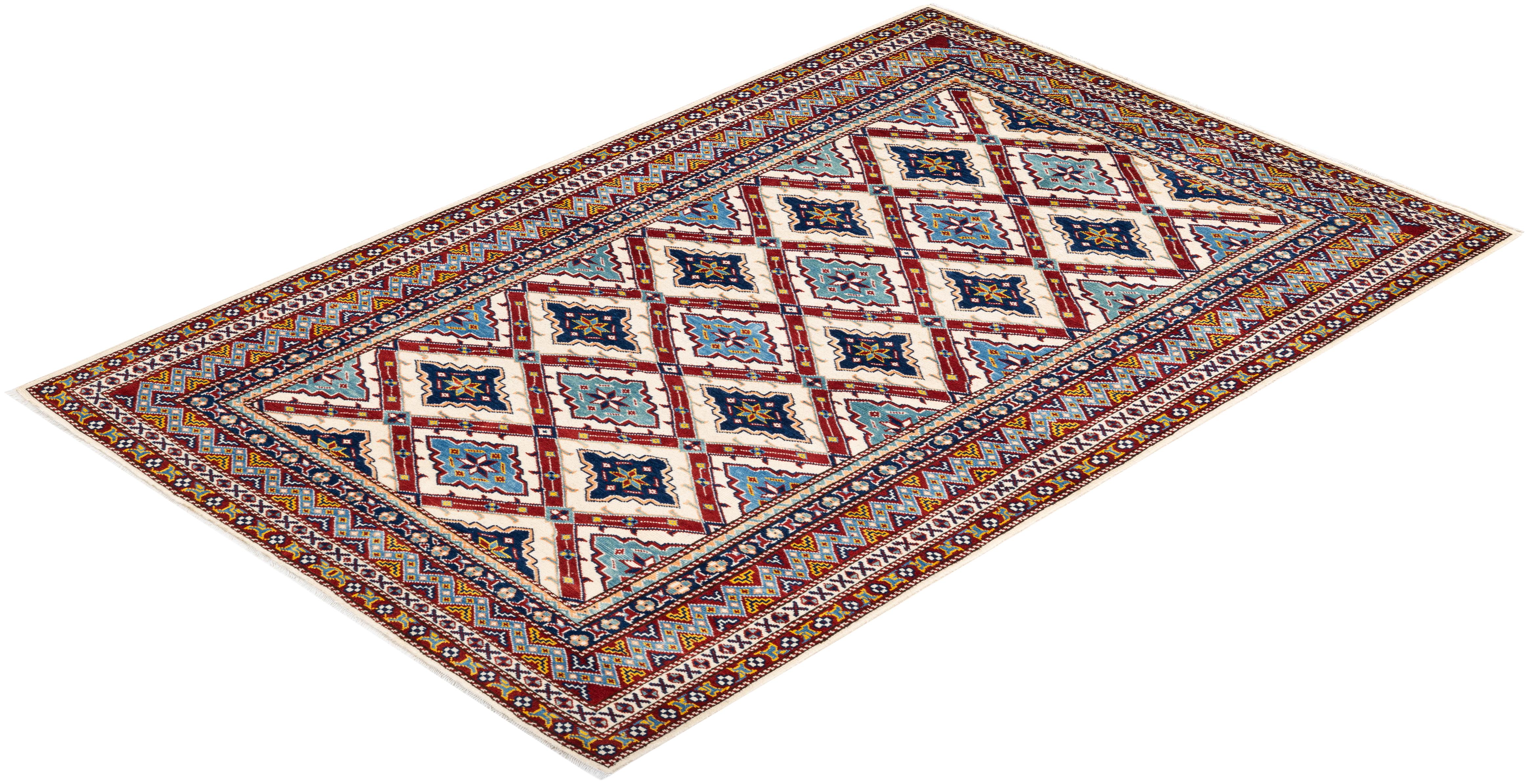 One-of-a-kind Hand Knotted Bohemian Oriental Tribal Ivory Area Rug For Sale 2