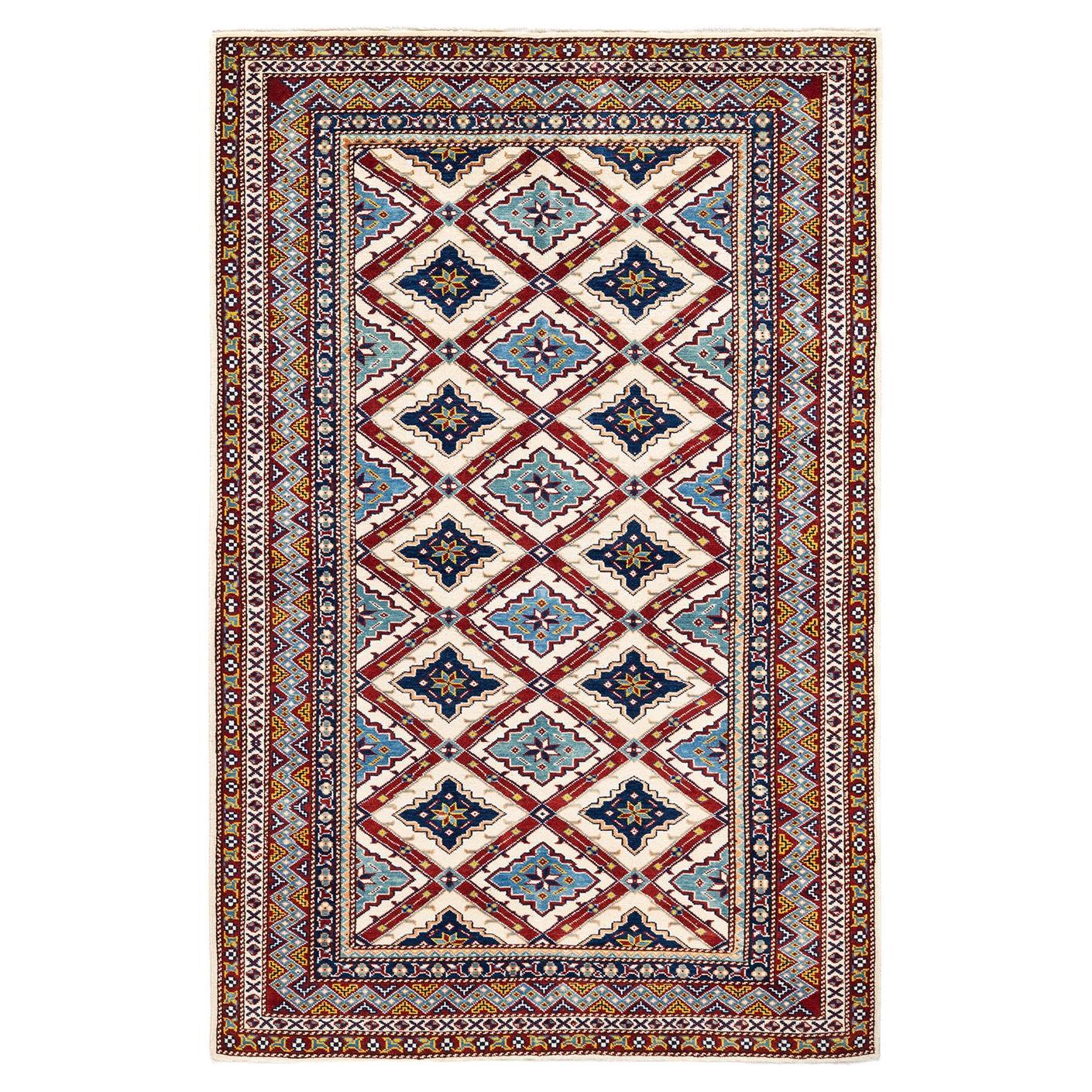 One-of-a-kind Hand Knotted Bohemian Oriental Tribal Ivory Area Rug For Sale