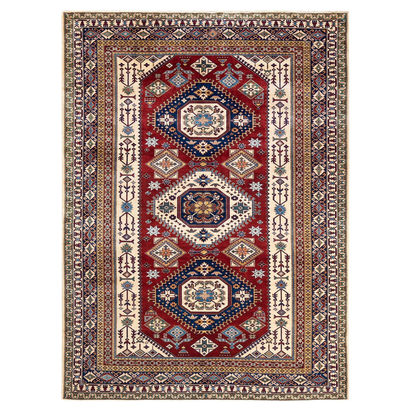 One-Of-A-Kind Hand Knotted Bohemian Oriental Tribal Ivory Area Rug 6' 10" x 9'6" For Sale