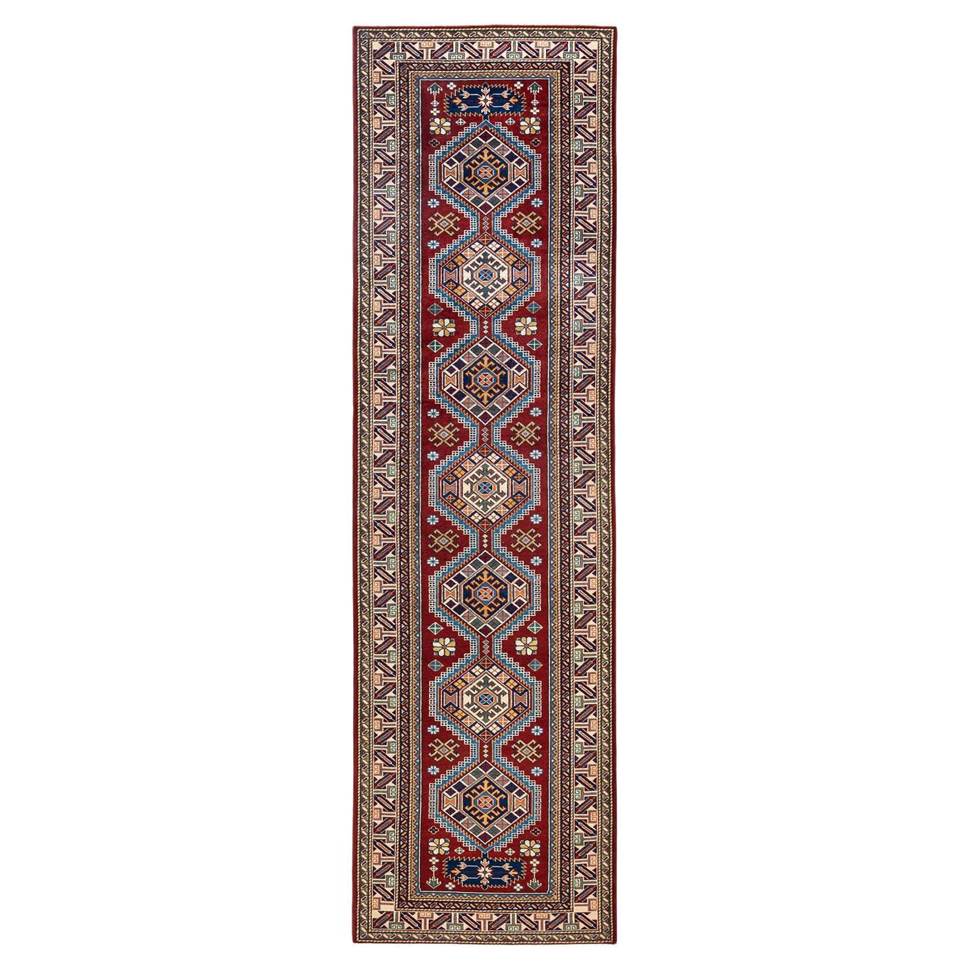 One-Of-A-Kind Hand Knotted Bohemian Oriental Tribal Red Area Rug 2' 10" x 10' 3" For Sale