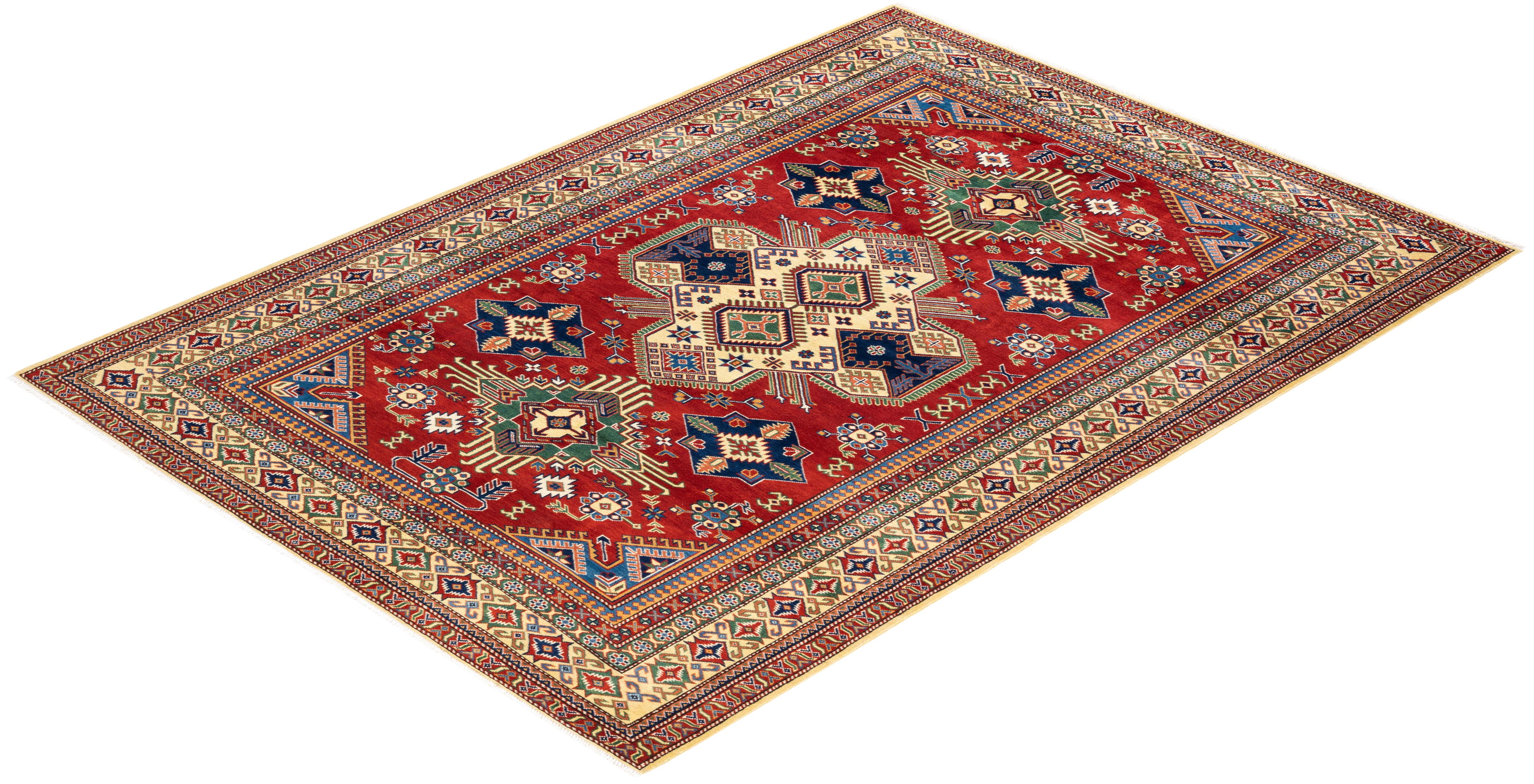 One-Of-A-Kind Hand Knotted Bohemian Oriental Tribal Red Area Rug For Sale 2