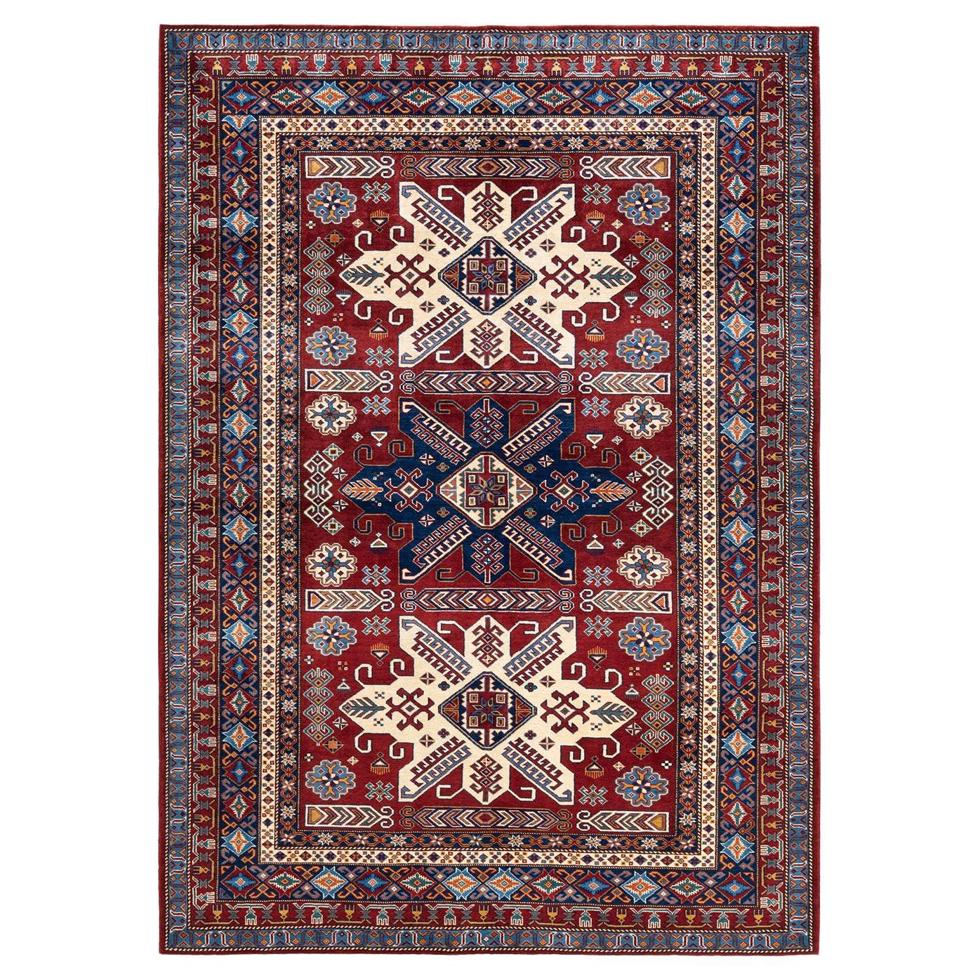 One-of-a-kind Hand Knotted Bohemian Oriental Tribal Red Area Rug For Sale