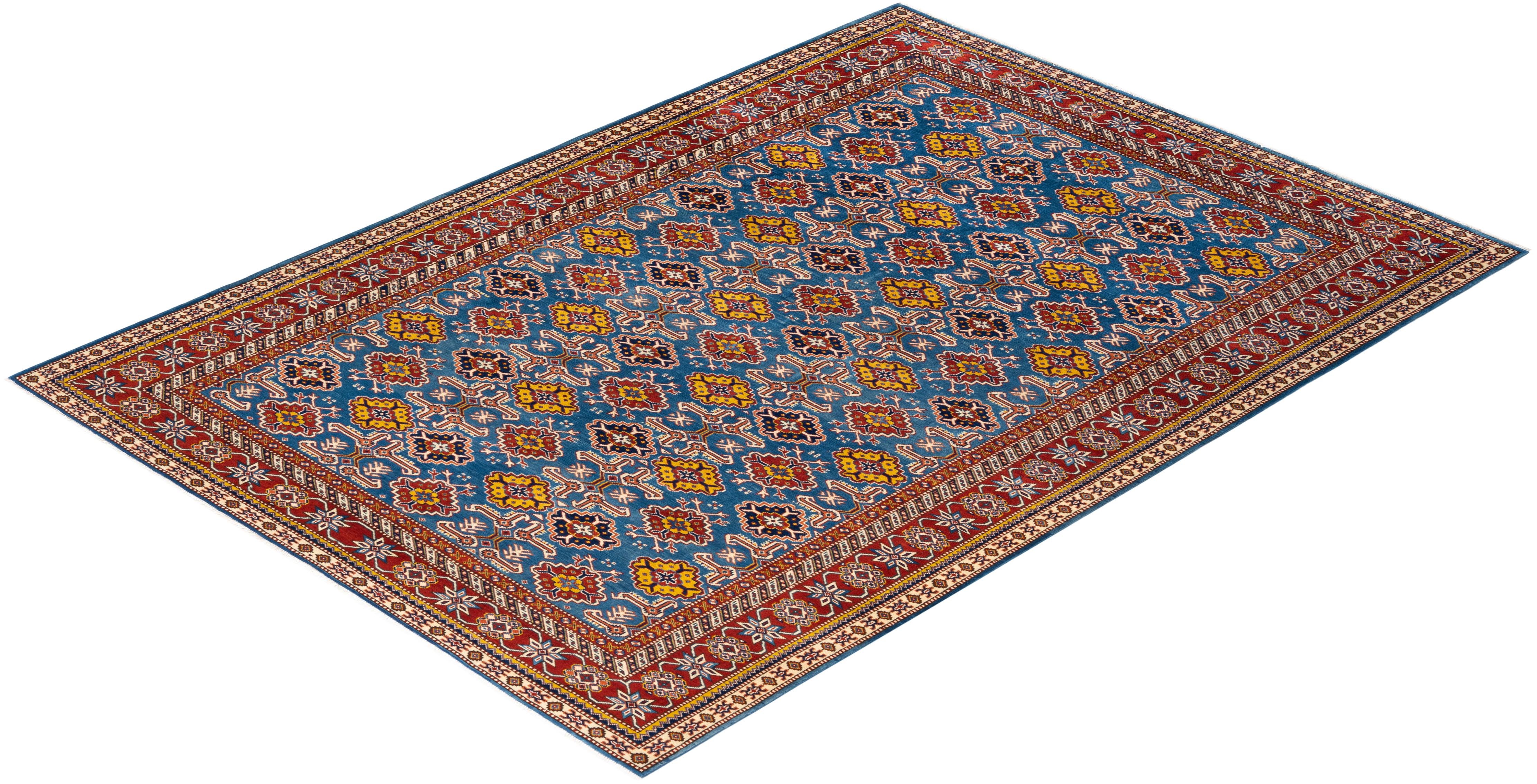 One-of-a-kind Hand Knotted Bohemian Tribal Blue Area Rug For Sale 2