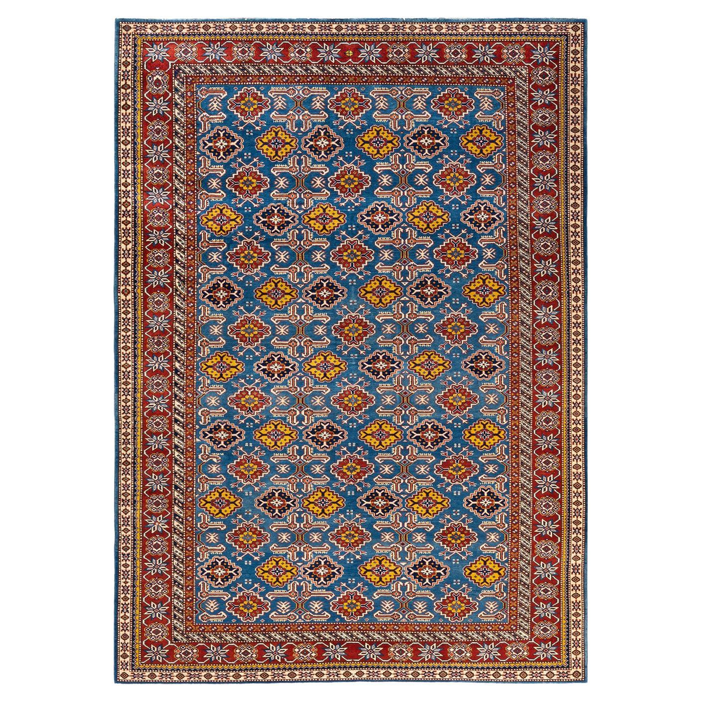 One-of-a-kind Hand Knotted Bohemian Tribal Blue Area Rug For Sale