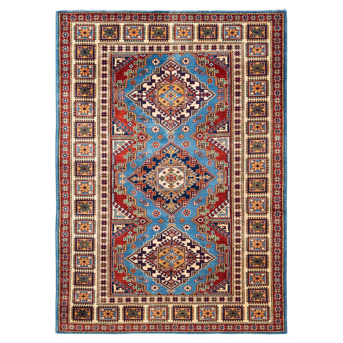 One-Of-A-Kind Hand Knotted Bohemian Tribal Light Blue Area Rug 4' 1" x 5' 8" For Sale
