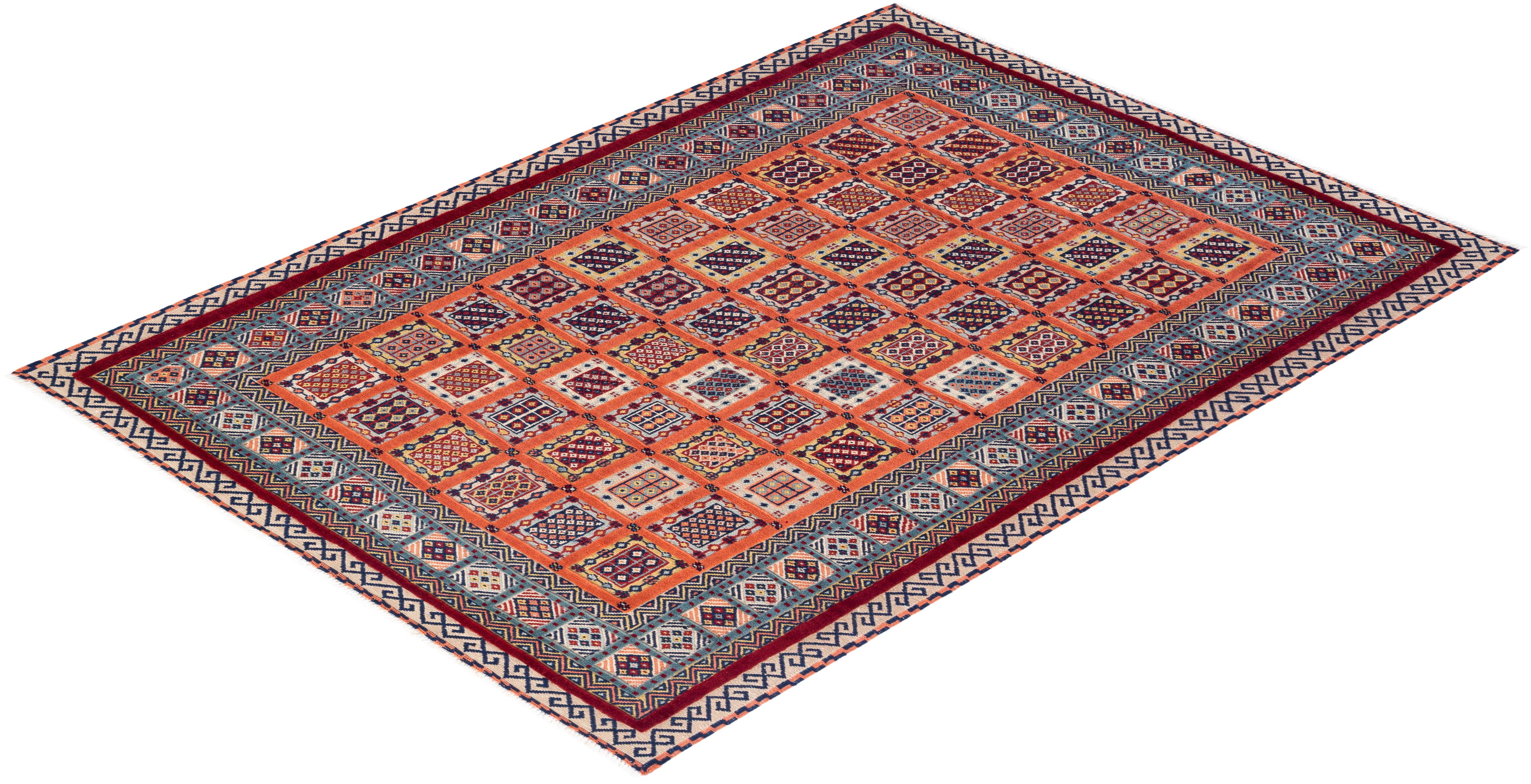 One-of-a-kind Hand Knotted Bohemian Tribal Orange Area Rug For Sale 2