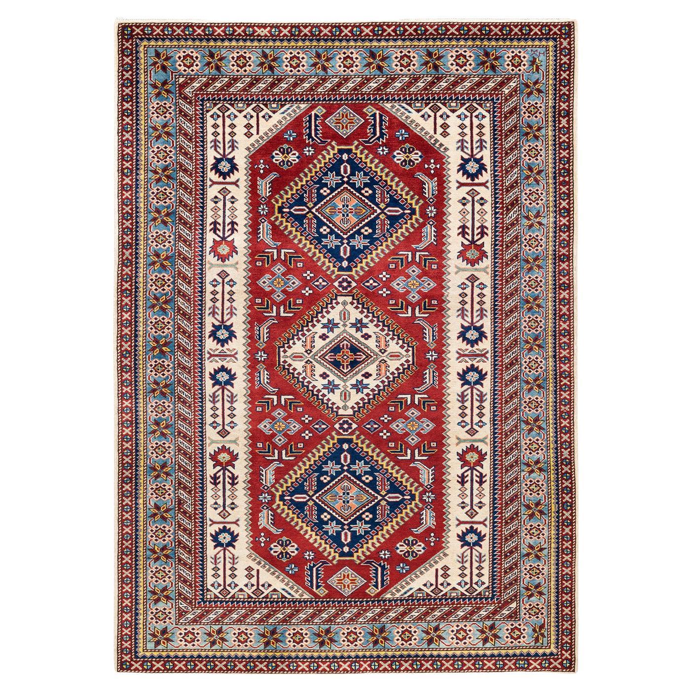 One-of-a-kind Hand Knotted Bohemian Tribal Orange Area Rug For Sale