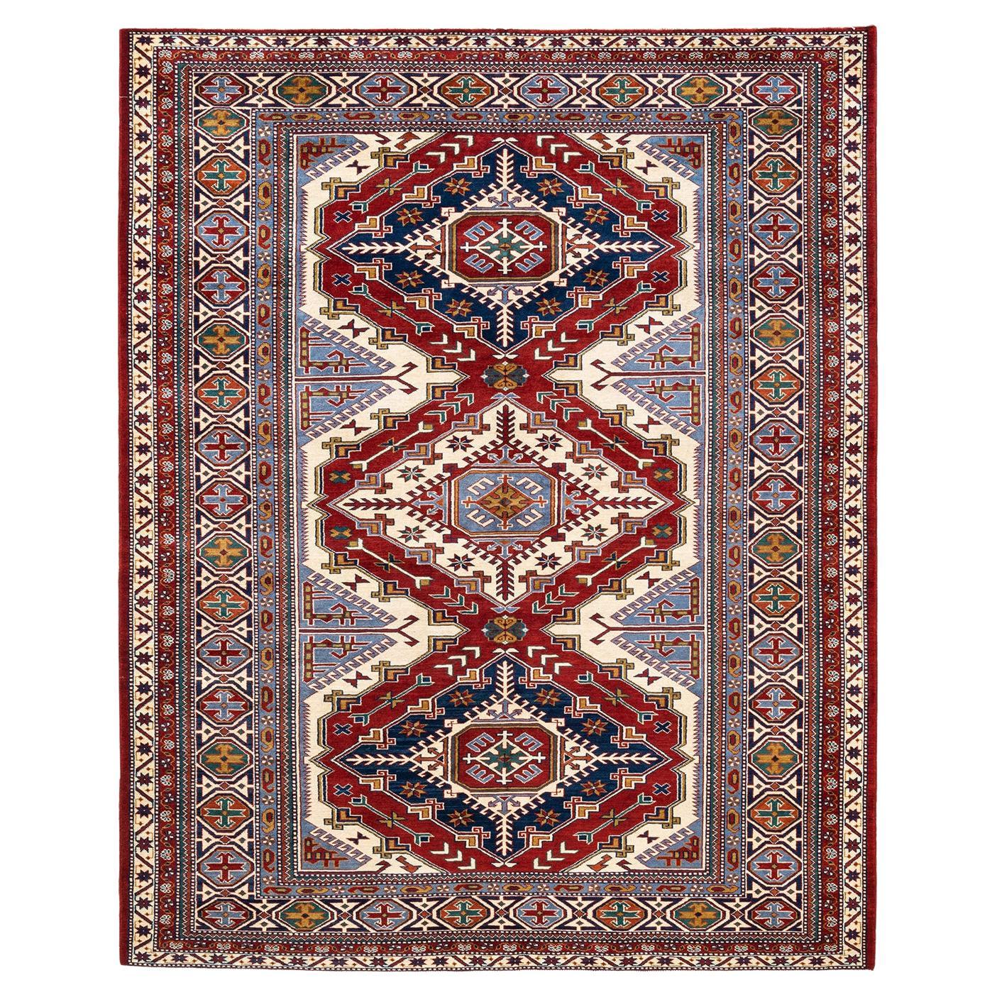 One-Of-A-Kind Hand Knotted Bohemian Tribal Red Area Rug 5' 10" x 7' 5" For Sale