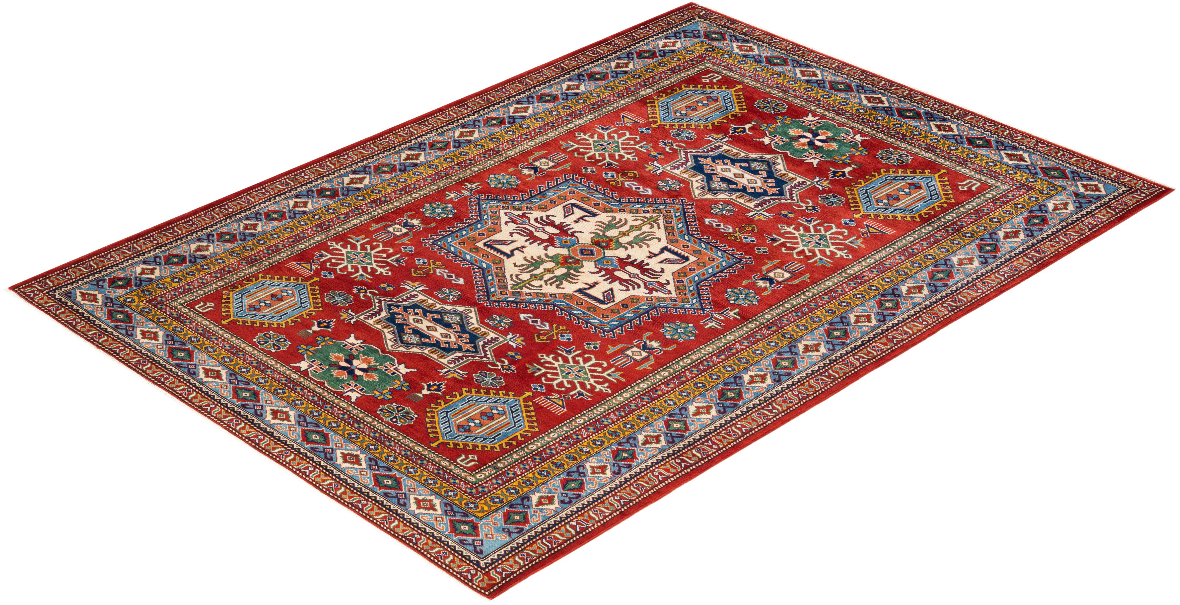 One-of-a-Kind Hand Knotted Bohemian Tribal Red Area Rug For Sale 2