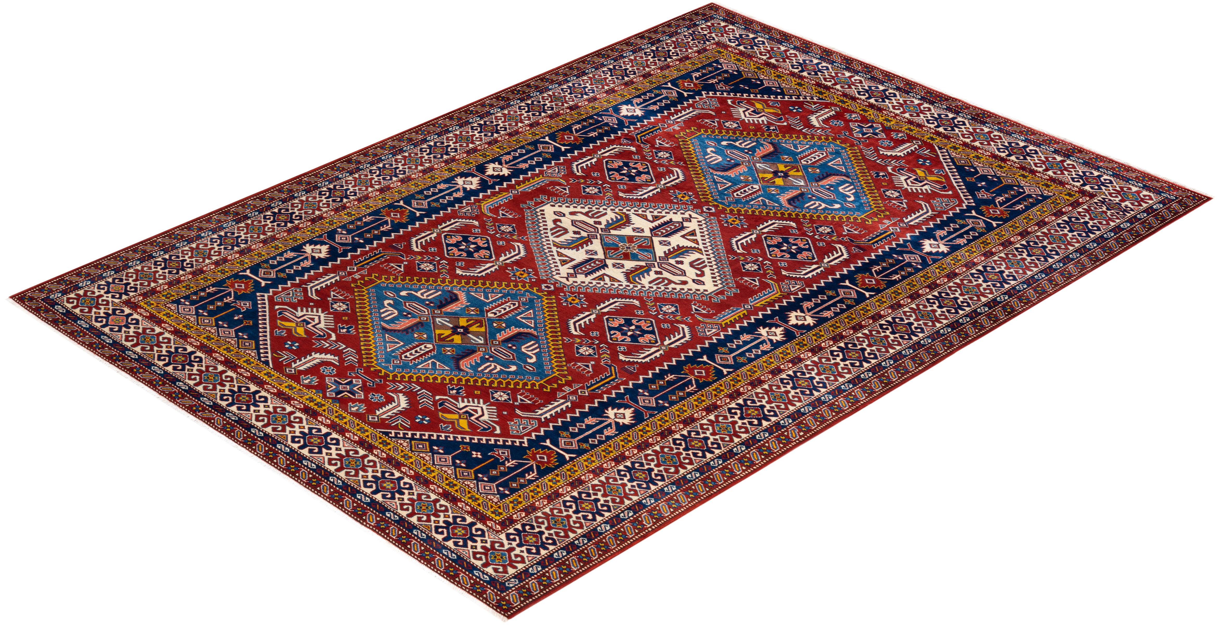 One-of-a-kind Hand Knotted Bohemian Tribal Red Area Rug For Sale 2