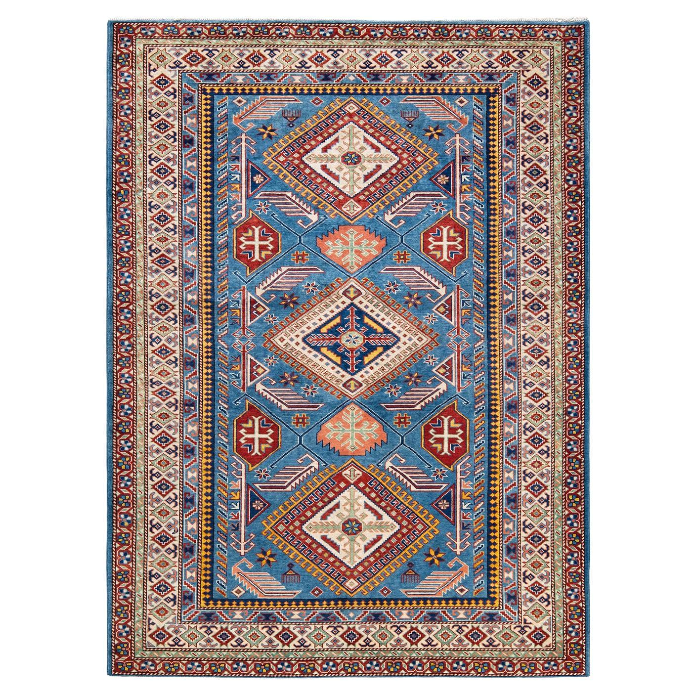 One-Of-A-Kind Hand Knotted Bohemian Tribal Tribal Blue Area Rug 4' 10" x 6' 9" For Sale