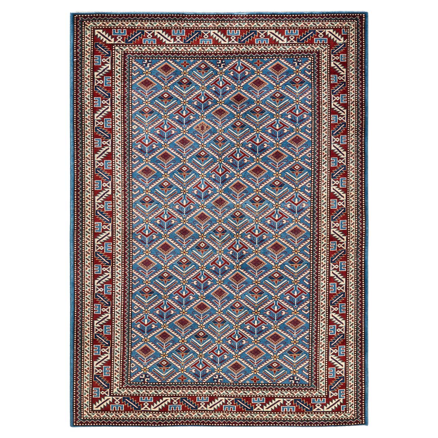 One-Of-A-Kind Hand Knotted Bohemian Tribal Tribal Blue Area Rug 4' 2" x 5' 10" For Sale