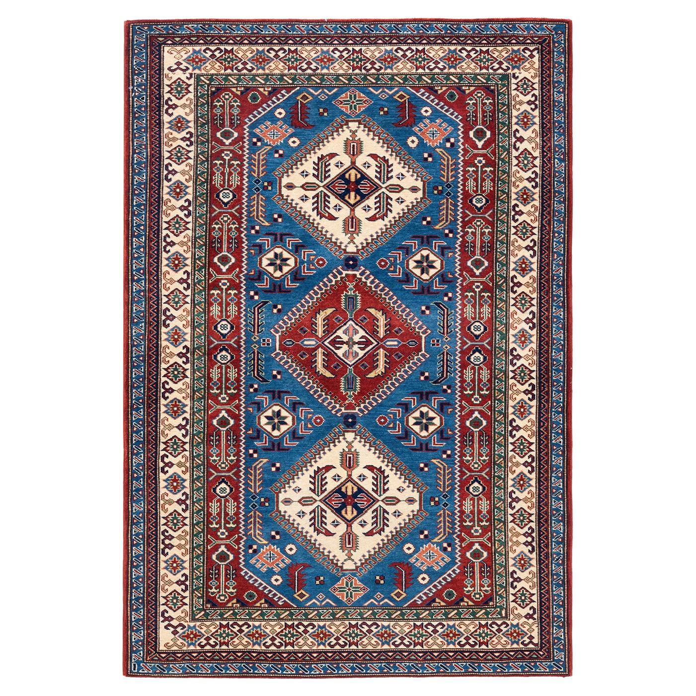 One-of-a-Kind Hand Knotted Bohemian Tribal Tribal Blue Area Rug For Sale