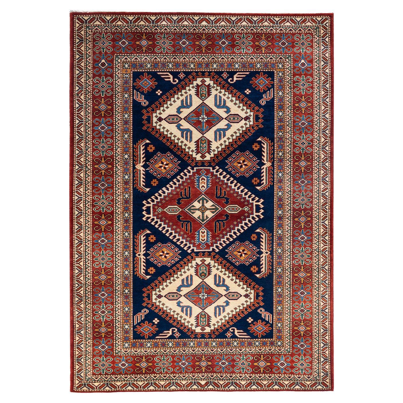 One-of-a-kind Hand Knotted Bohemian Tribal Tribal Blue Area Rug For Sale