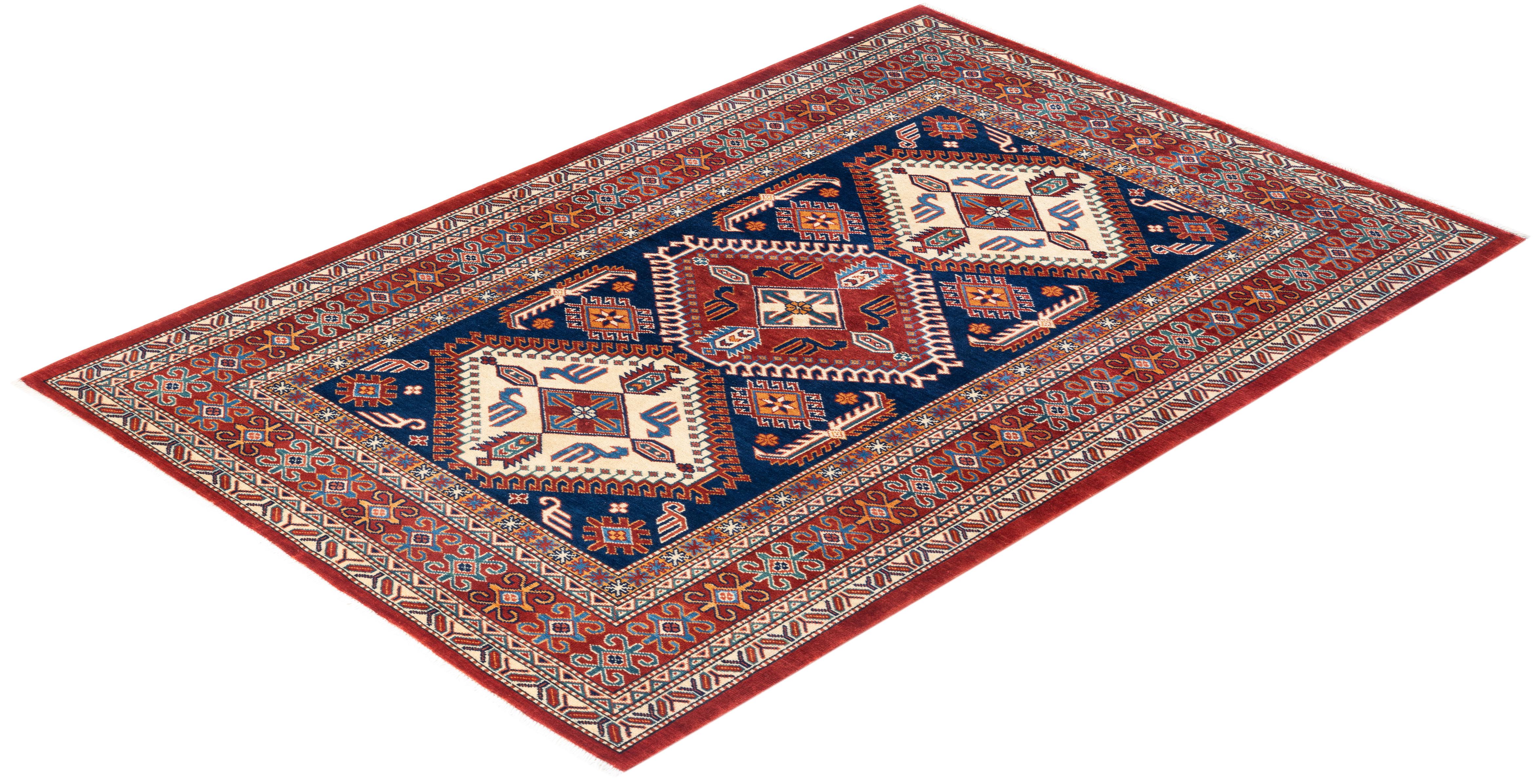 One-of-a-Kind Hand Knotted Bohemian Tribal Tribal Blue Area Rug For Sale 2