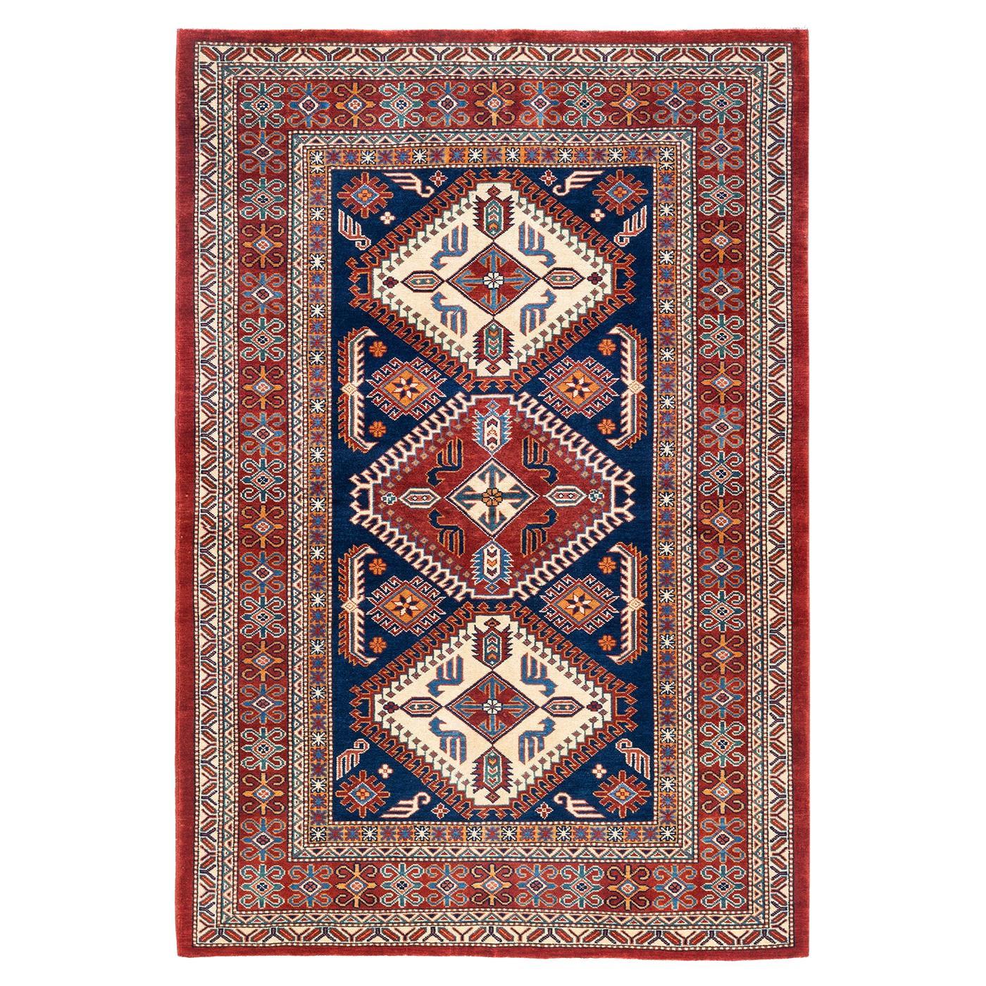One-of-a-Kind Hand Knotted Bohemian Tribal Tribal Blue Area Rug For Sale