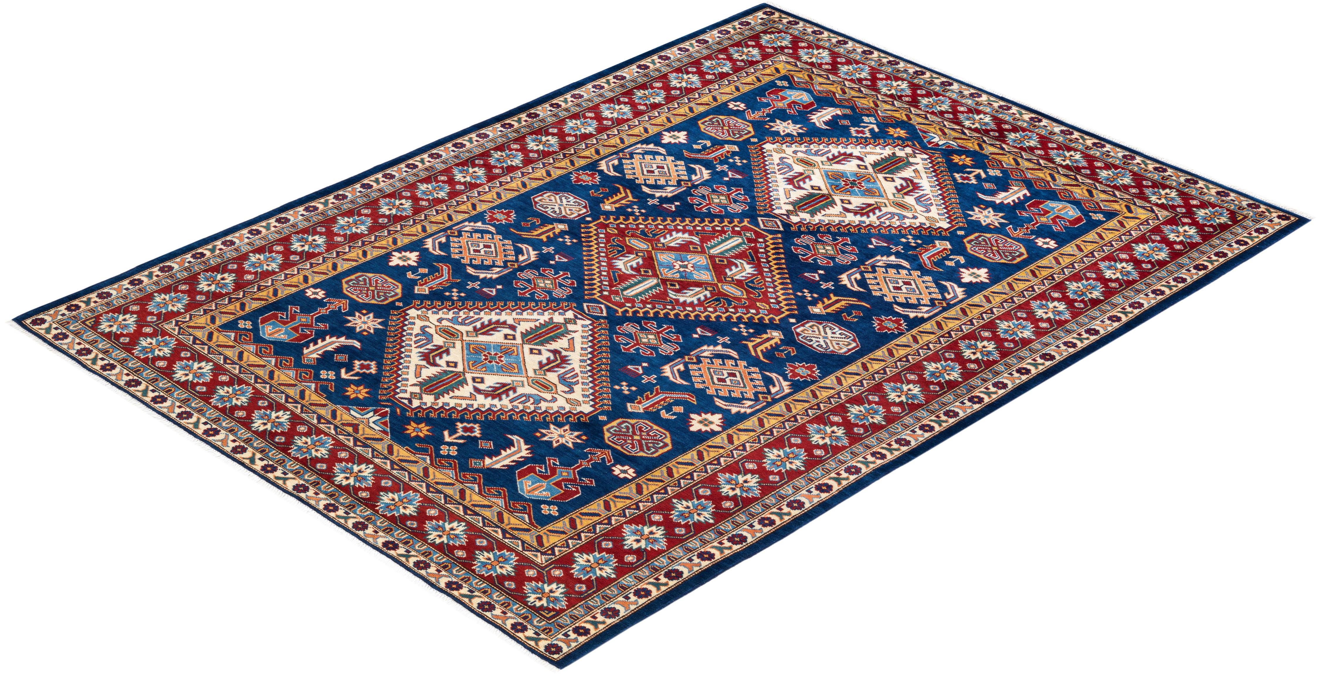 One-of-a-kind Hand Knotted Bohemian Tribal Tribal Blue Area Rug For Sale 2