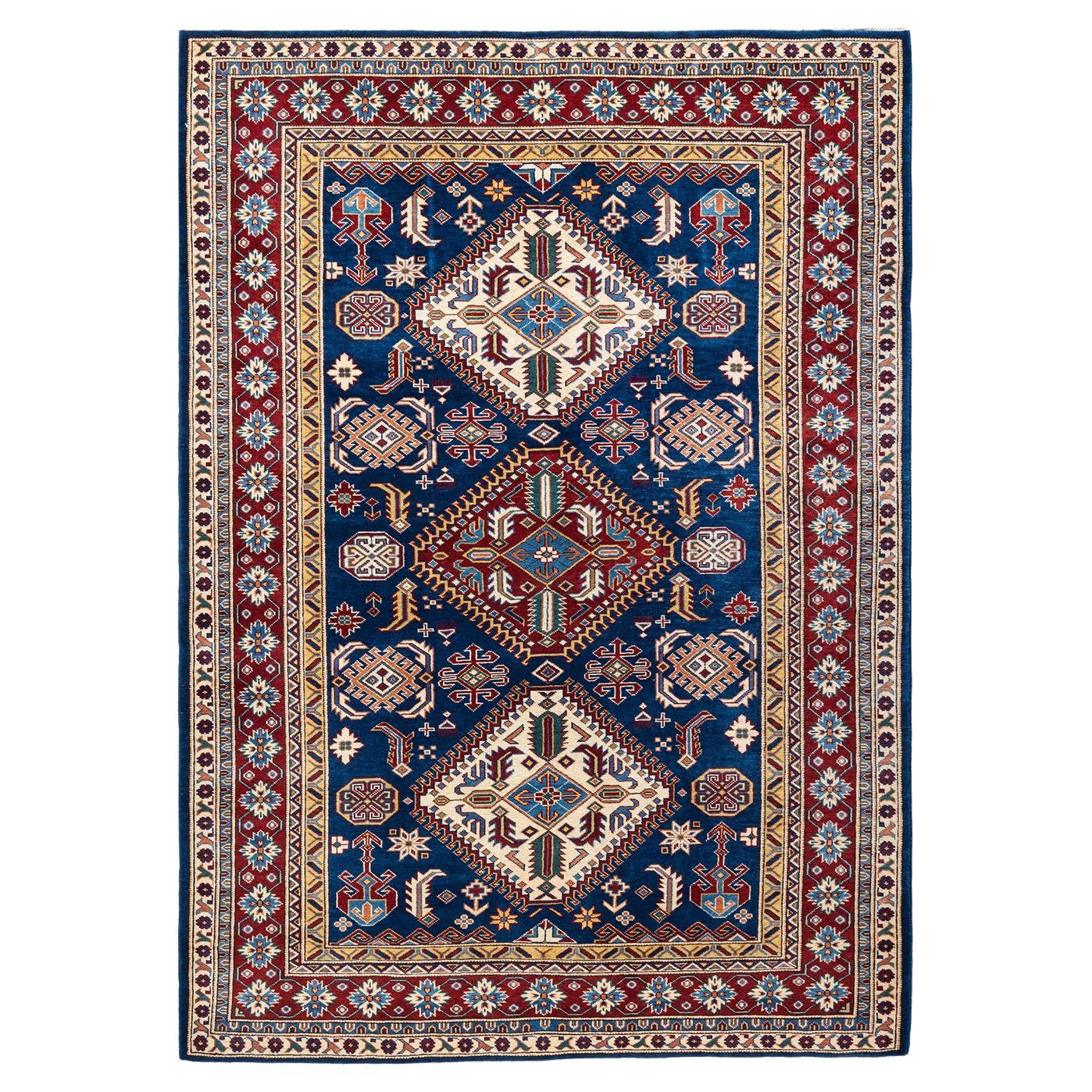 Handgeknüpfter blauer Teppich mit böhmischem Stammes- und Stammesbesatz, Unikat