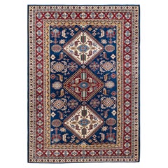 Handgeknüpfter blauer Teppich mit böhmischem Stammes- und Stammesbesatz, Unikat