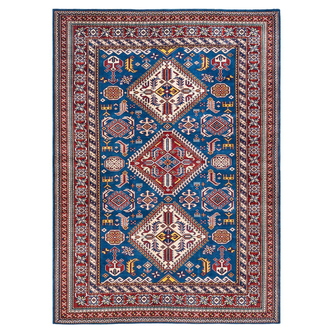One-Of-A-Kind Hand Knotted Bohemian Tribal Tribal Blue Area Rug 5' 3" x 7' 1" For Sale
