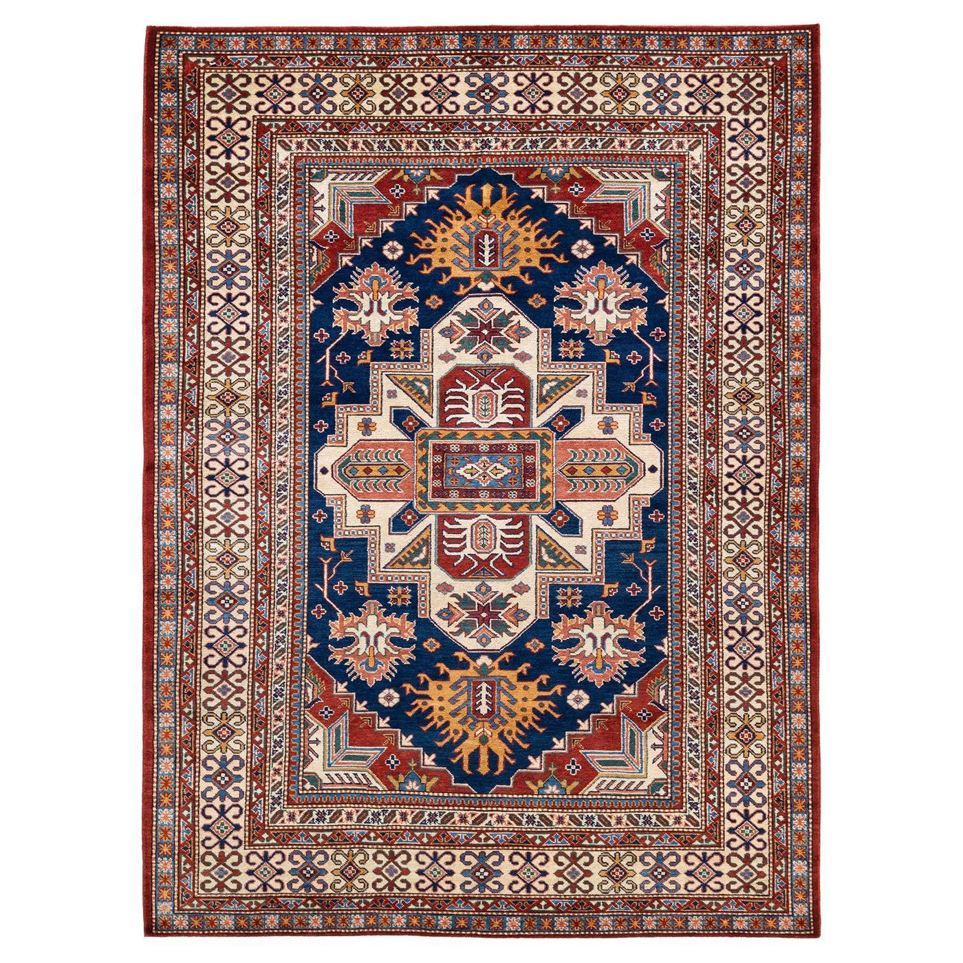 One-Of-A-Kind Hand Knotted Bohemian Tribal Tribal Blue Area Rug 5' 4" x 7' 0" For Sale