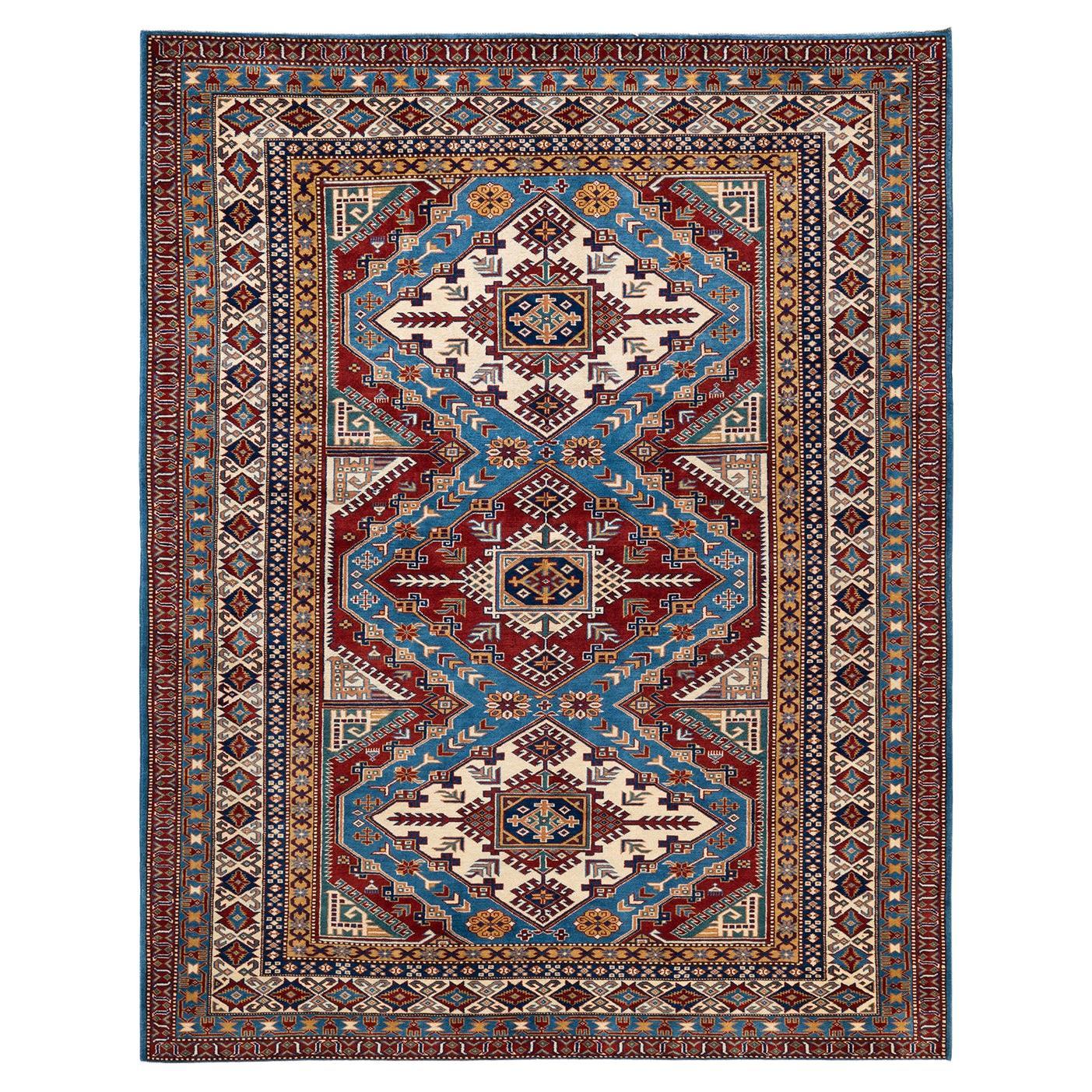 Einzigartiger handgeknüpfter blauer Teppich im böhmischen Stammesstil, 2,13 m x 2,13 m, Unikat