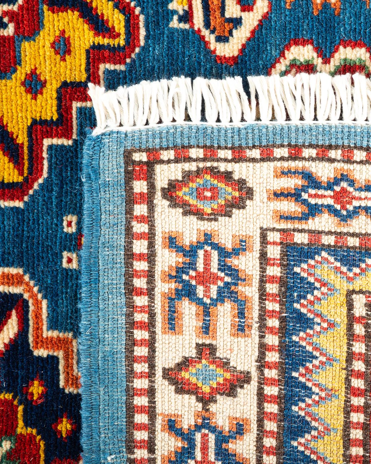 XXIe siècle et contemporain Tapis bleu tribal et tribal bohème noué à la main, unique en son genre en vente