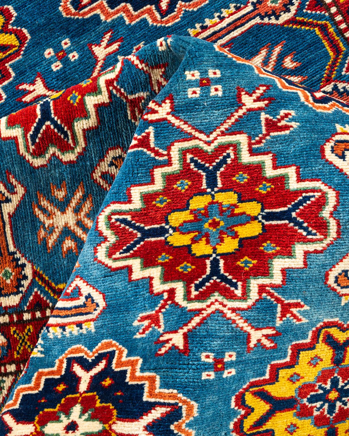 Tapis bleu tribal et tribal bohème noué à la main, unique en son genre en vente 1