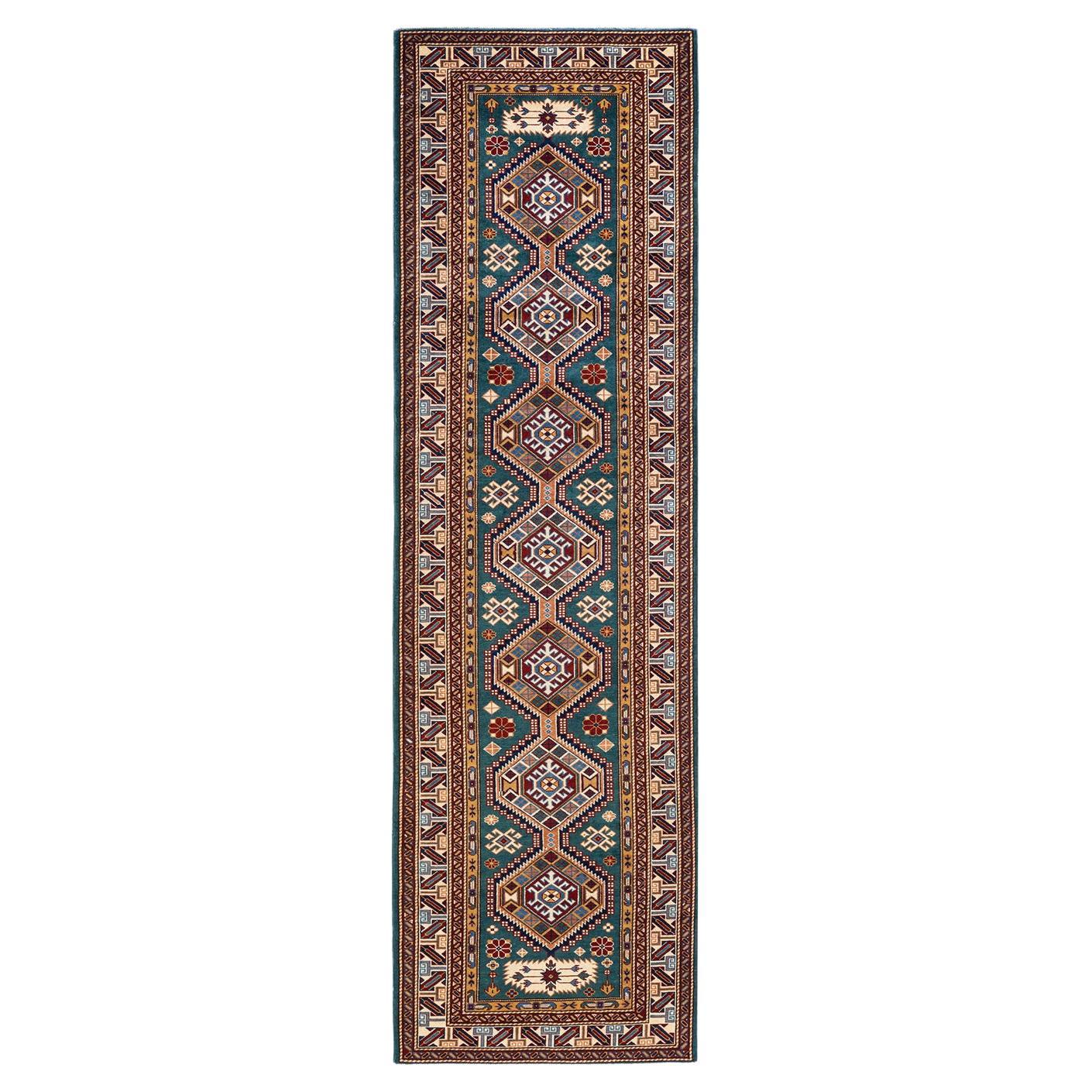 One-of-a-Kind Hand Knotted Bohemian Tribal Tribal Green Area Rug For Sale