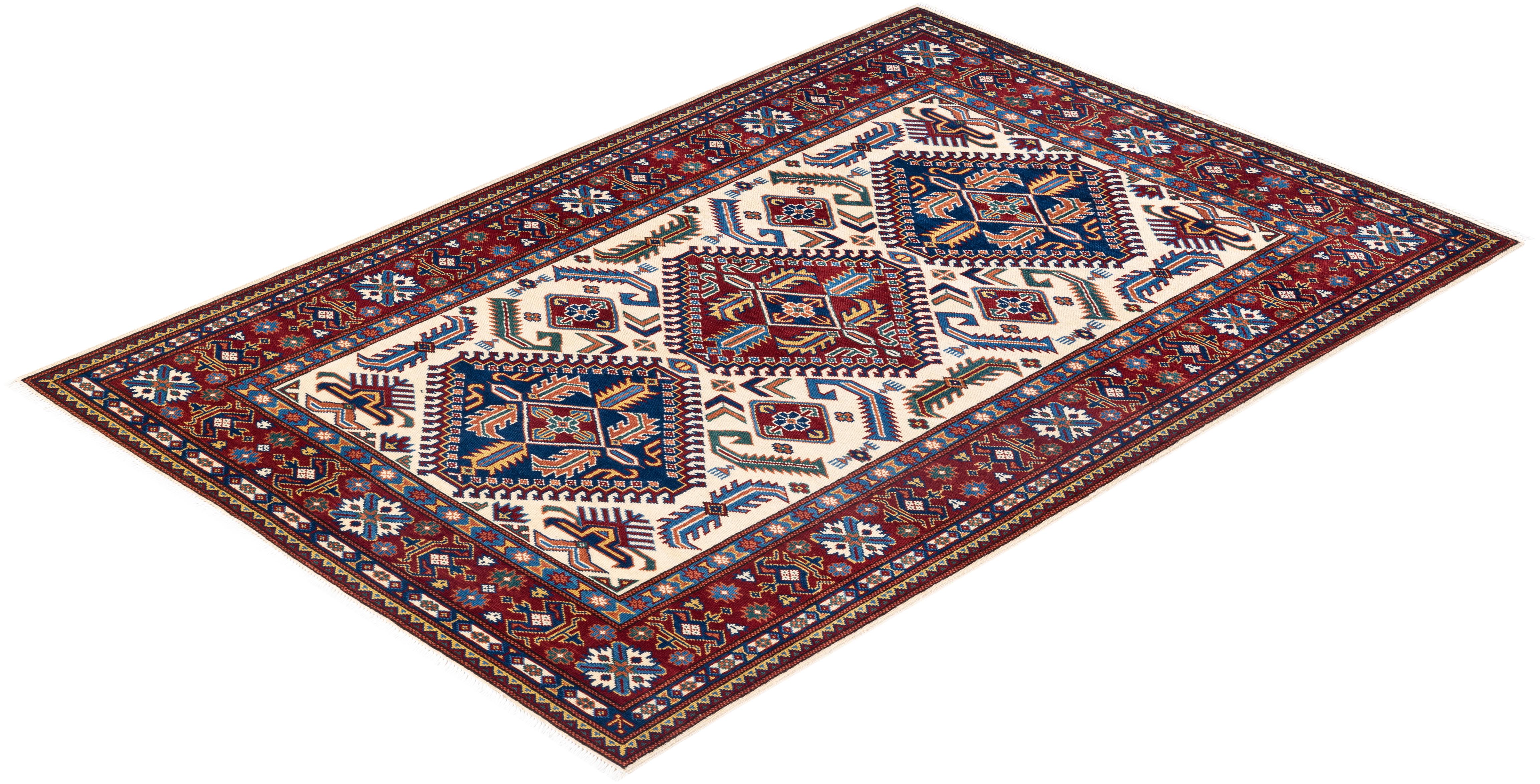 One-of-a-Kind Hand Knotted Bohemian Tribal Tribal Ivory Area Rug For Sale 2