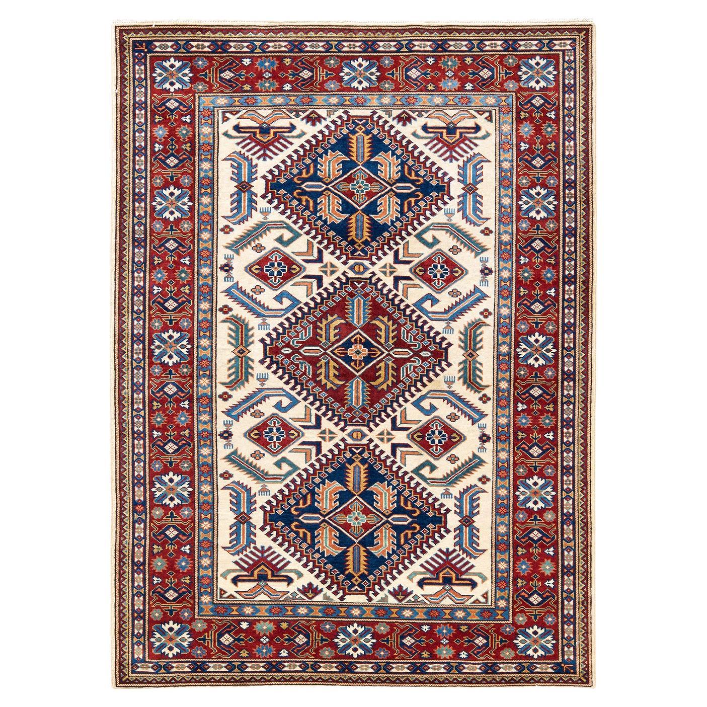 One-Of-A-Kind Hand Knotted Bohemian Tribal Tribal Ivory Area Rug 4' 4" x 5' 10" For Sale