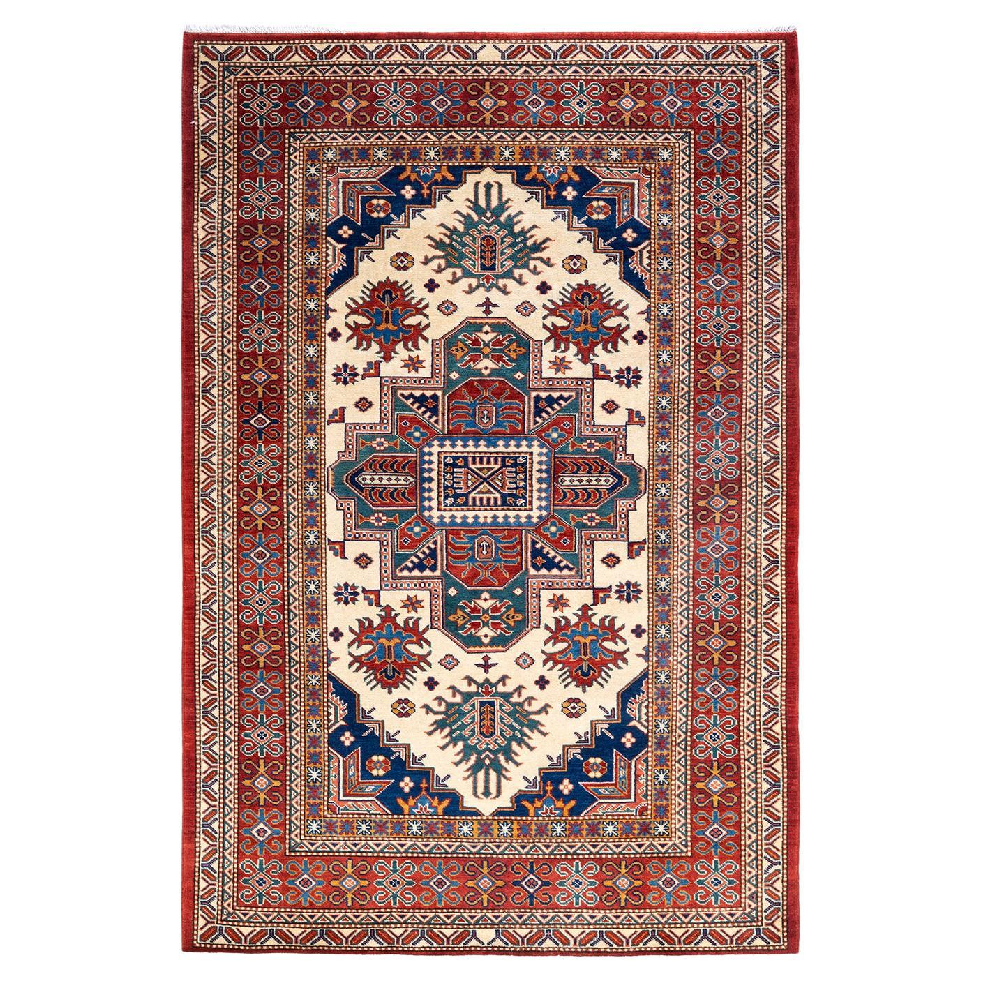 One-Of-A-Kind Hand Knotted Bohemian Tribal Tribal Ivory Area Rug