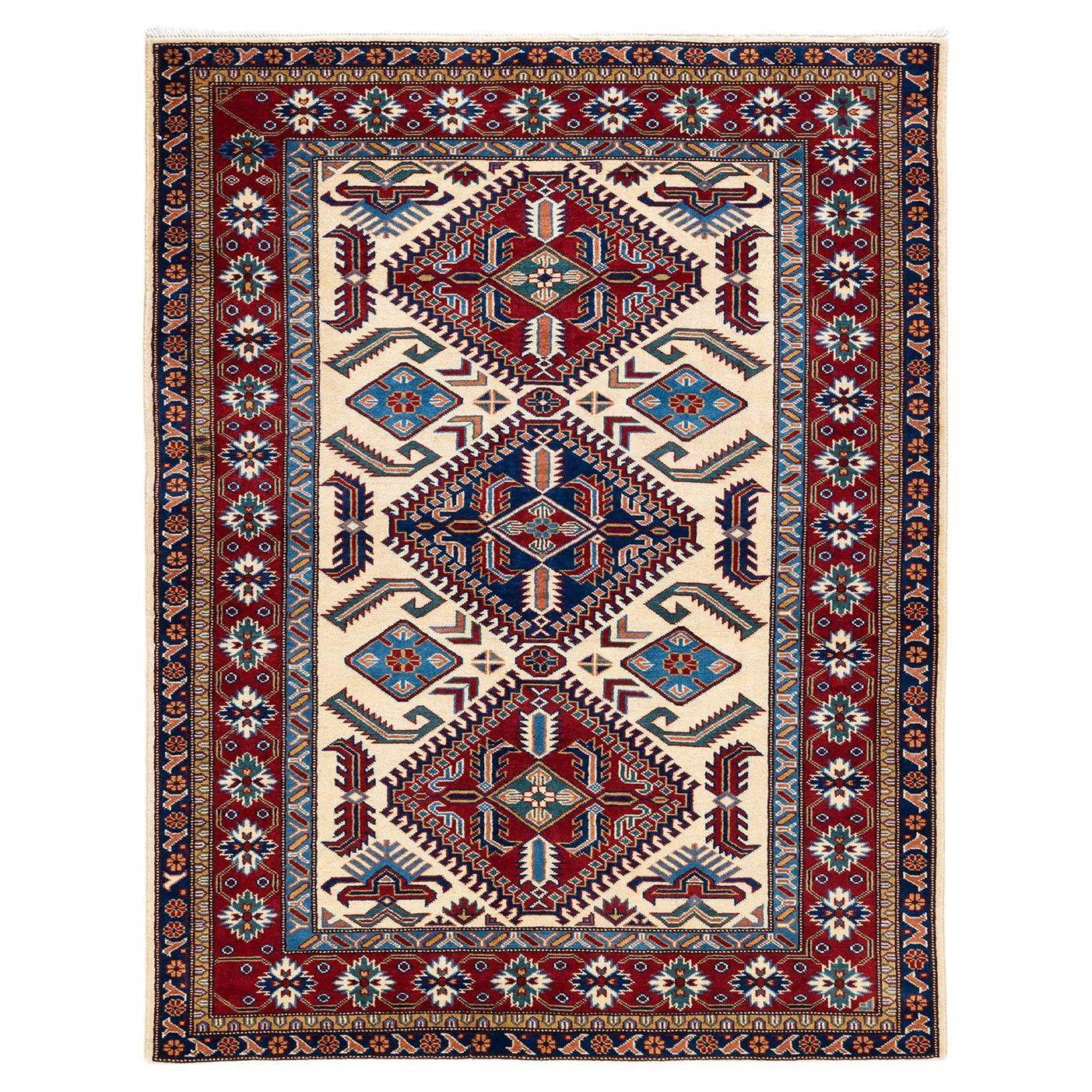 One-of-a-kind Hand Knotted Bohemian Tribal Tribal Ivory Area Rug For Sale