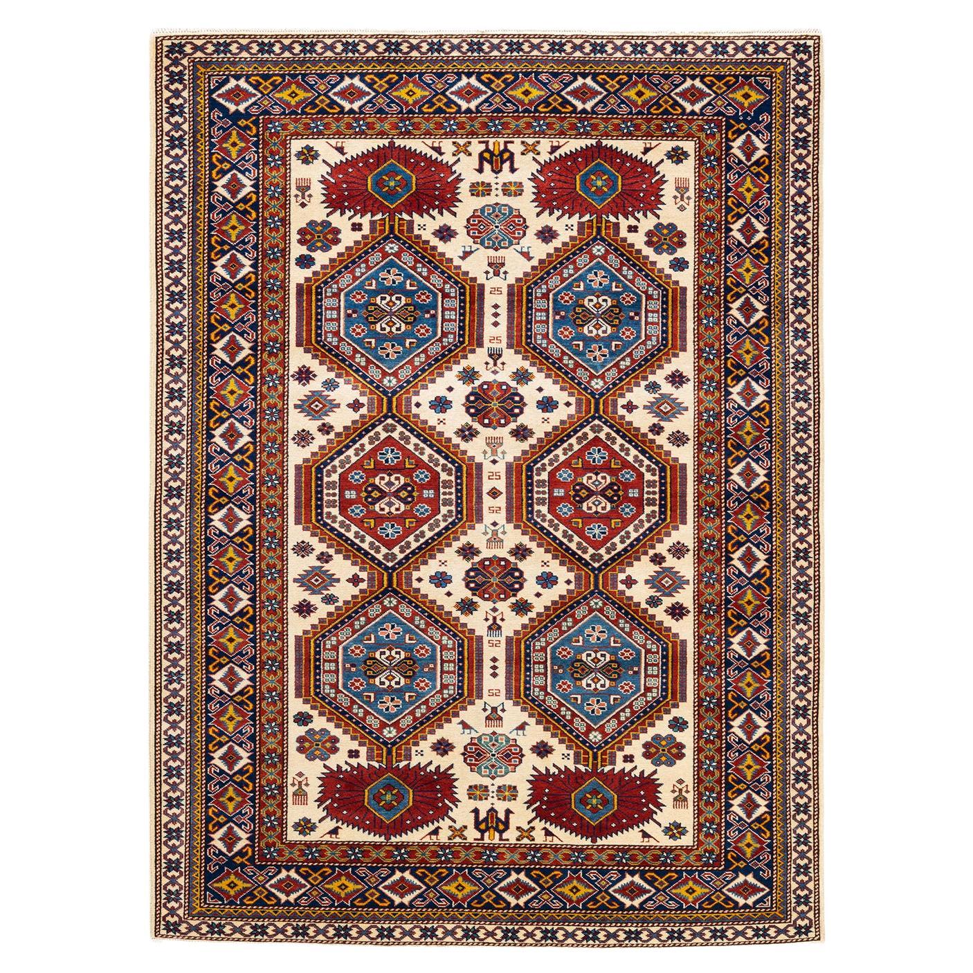 One-of-a-kind Hand Knotted Bohemian Tribal Tribal Ivory Area Rug For Sale