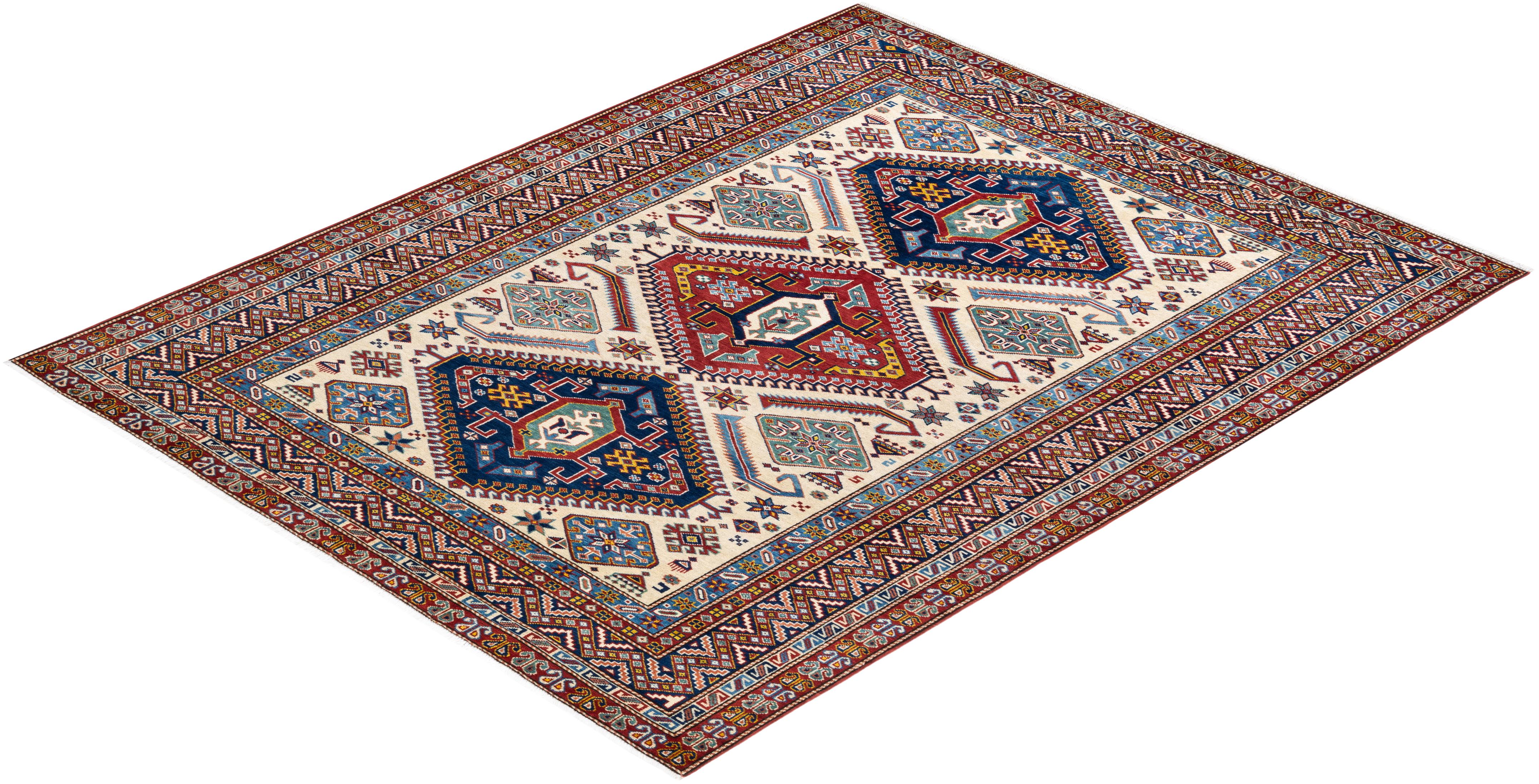 One-of-a-Kind Hand Knotted Bohemian Tribal Tribal Ivory Area Rug For Sale 2