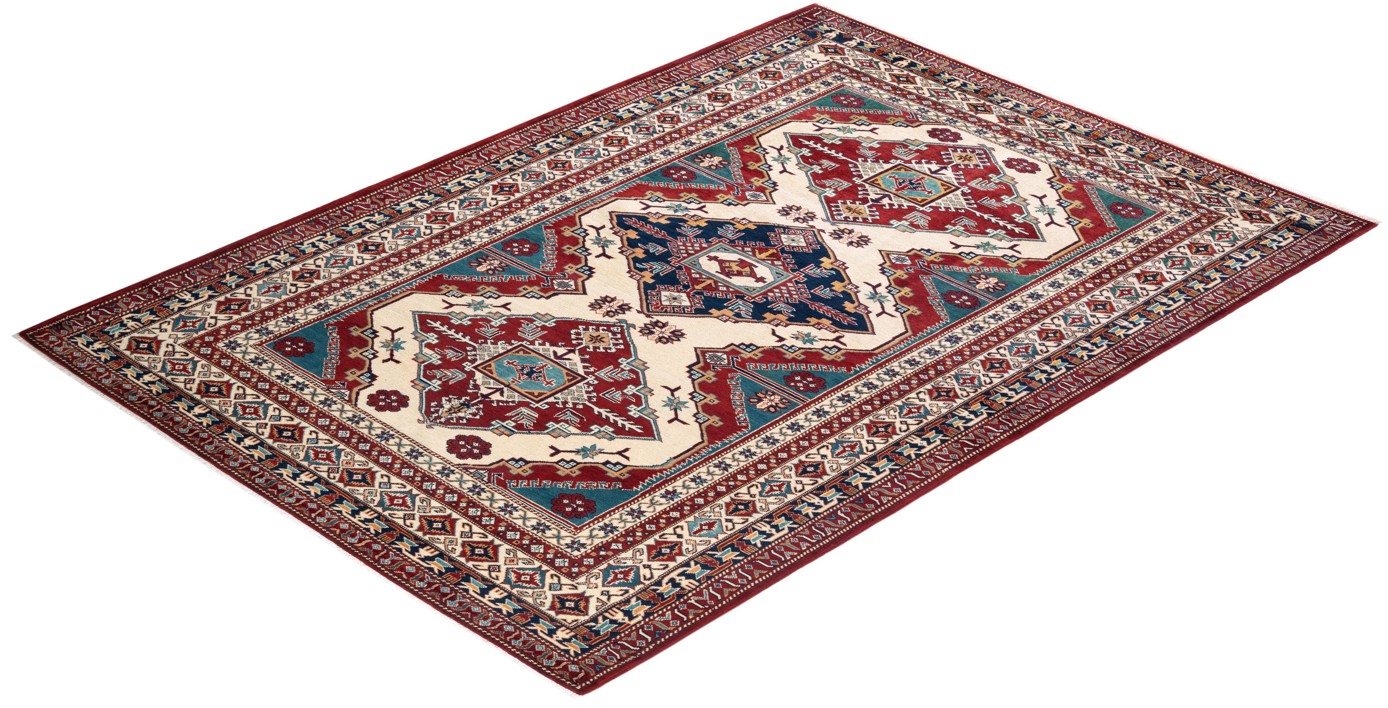 One-of-a-kind Hand Knotted Bohemian Tribal Tribal Ivory Area Rug For Sale 2