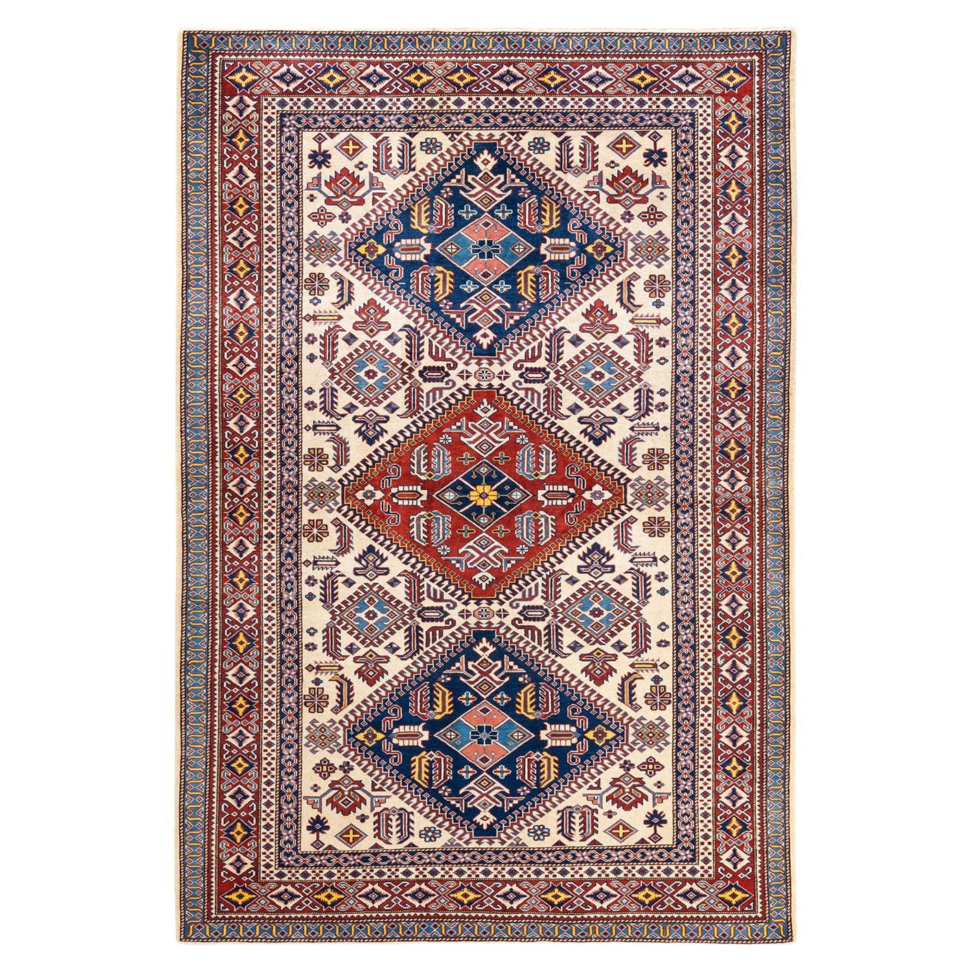 One-of-a-Kind Hand Knotted Bohemian Tribal Tribal Ivory Area Rug For Sale