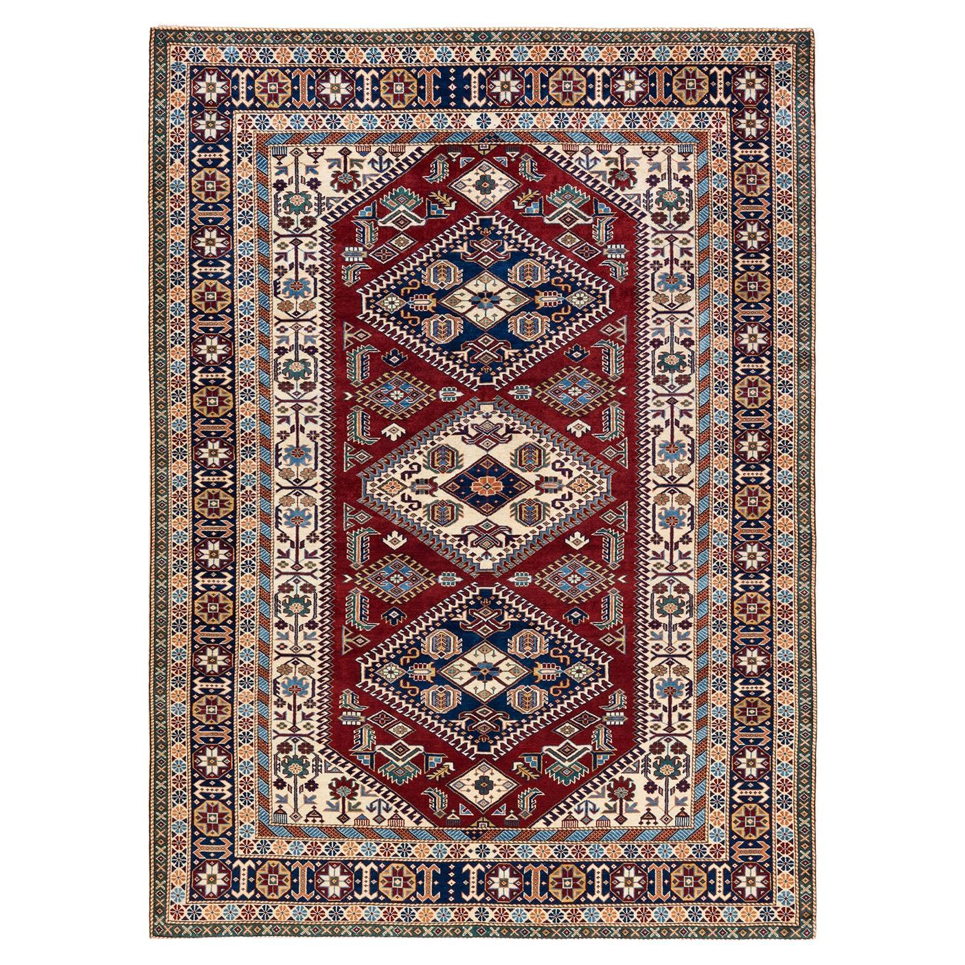 One-Of-A-Kind Hand Knotted Bohemian Tribal Tribal Ivory Area Rug 6' 2" x 8' 4" For Sale