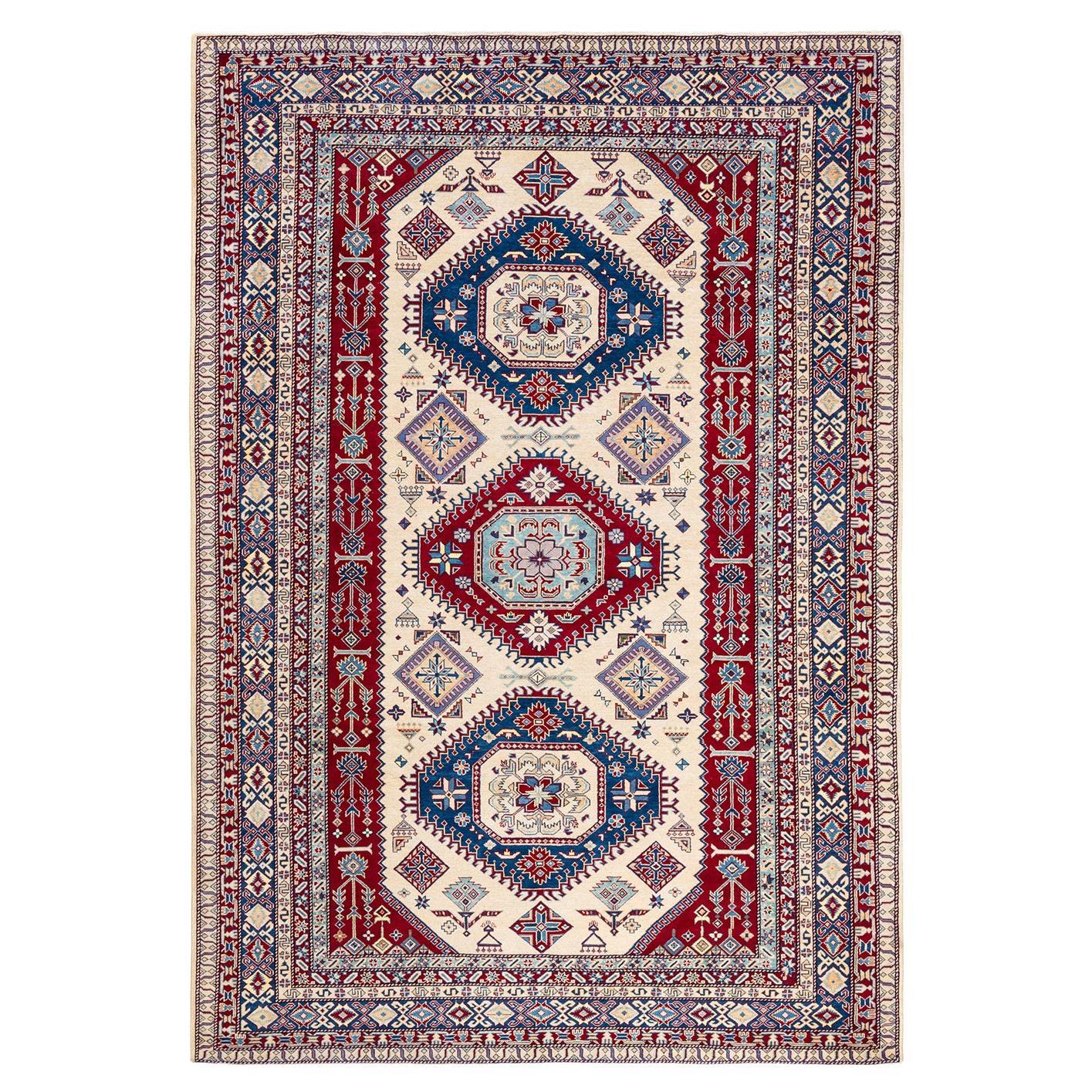 One-Of-A-Kind Hand Knotted Bohemian Tribal Tribal Ivory Area Rug For Sale