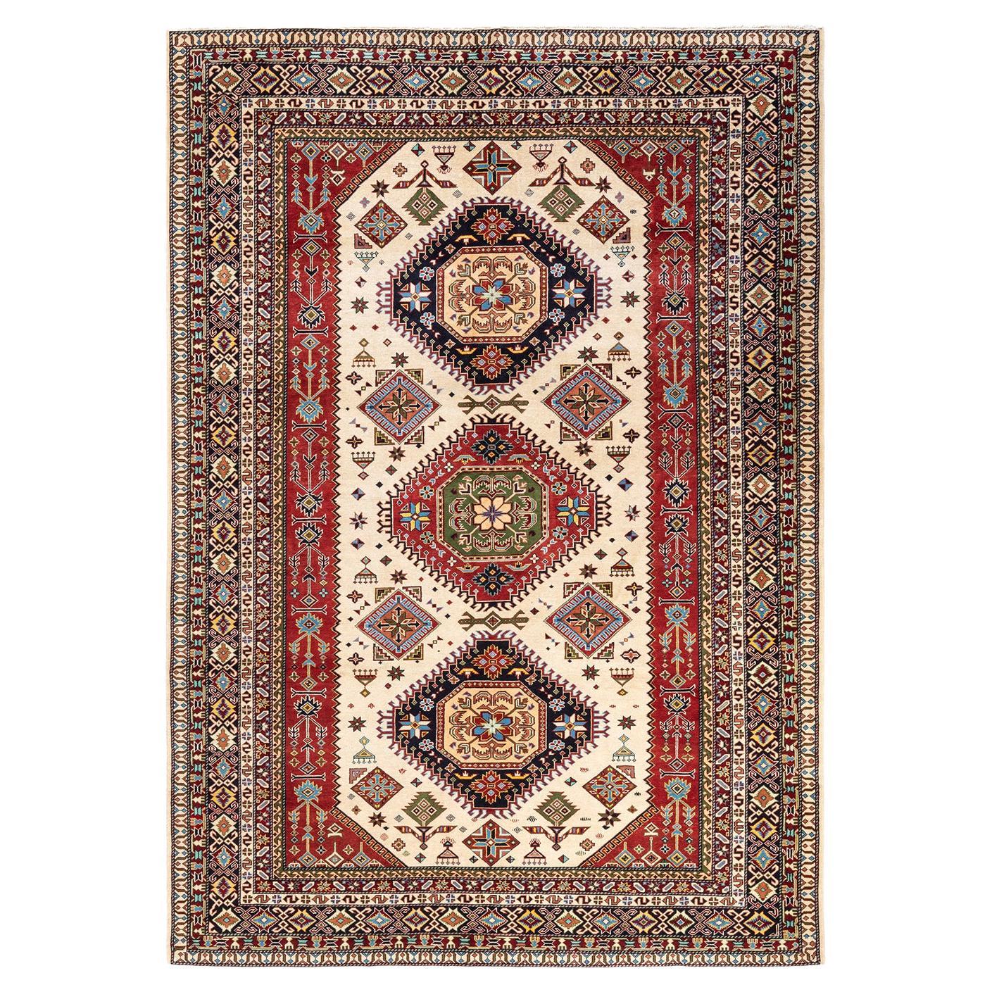 One-Of-A-Kind Hand Knotted Bohemian Tribal Tribal Ivory Area Rug For ...