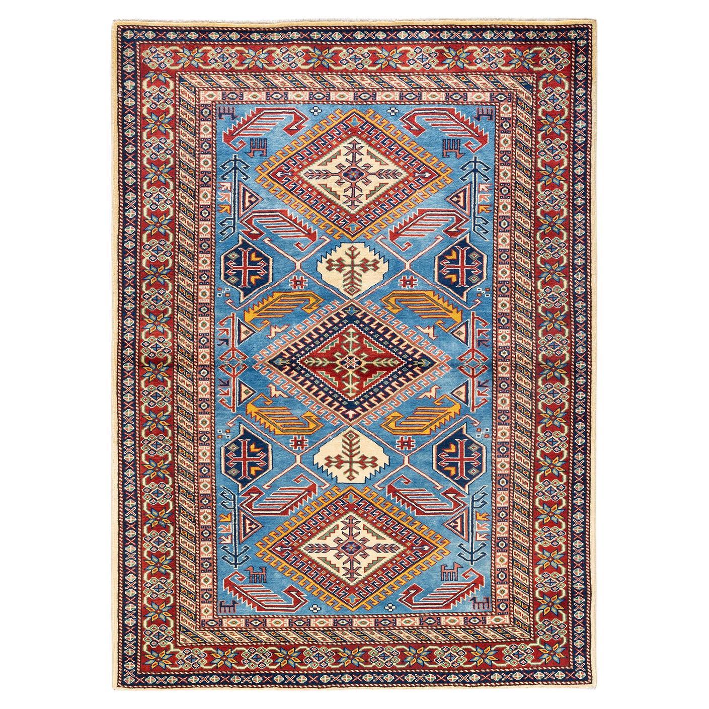 OneofaKind Hand Knotted Bohemian Tribal Light Blue Area Rug For Sale