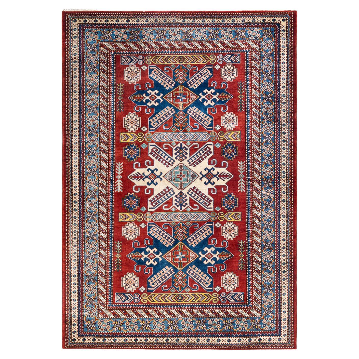 One-Of-A-Kind Hand Knotted Bohemian Tribal Tribal Orange Area Rug 4' 10" x 7' 1" For Sale