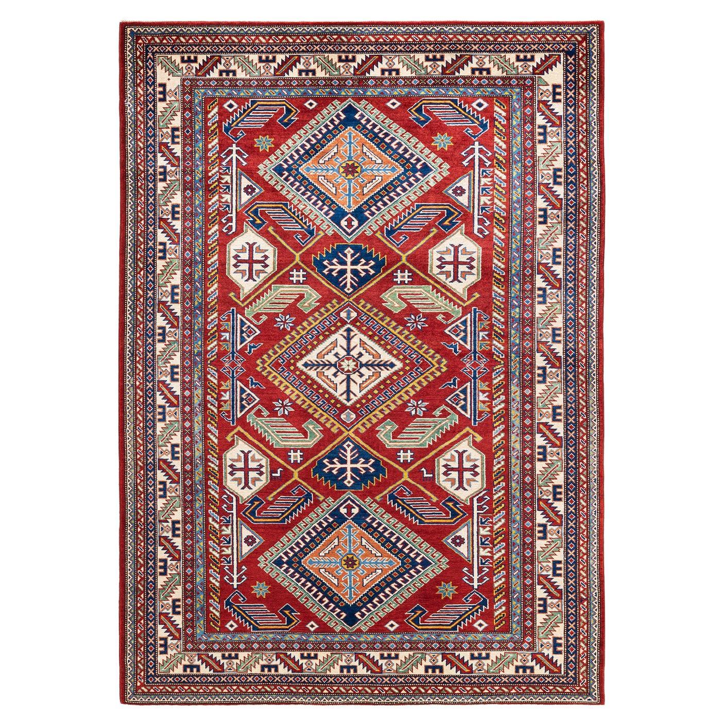 One-Of-A-Kind Hand Knotted Bohemian Tribal Tribal Orange Area Rug 5' 0" x 6' 10" For Sale